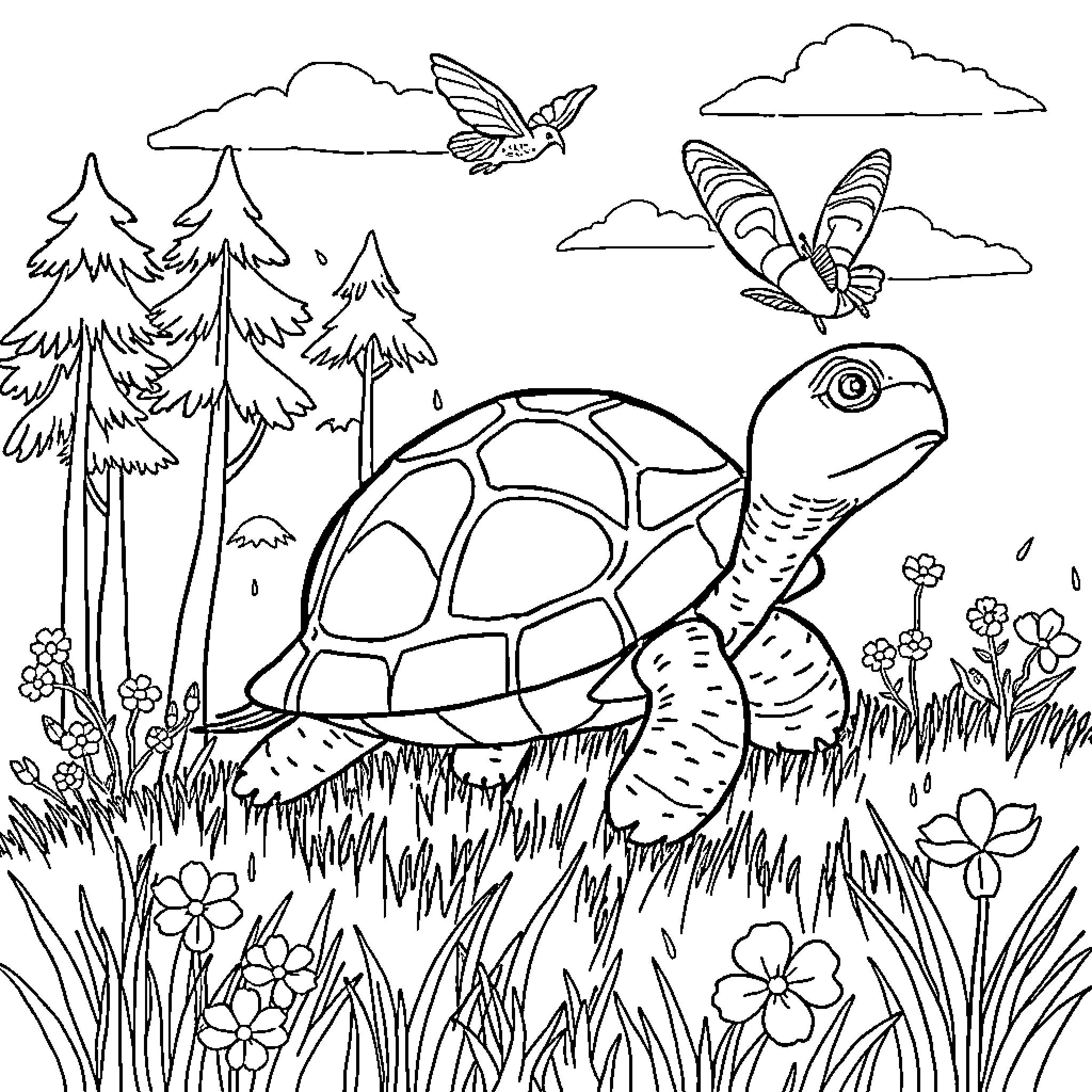 Turtle Exploring Nature's Wonders Coloring Page (free black-and-white line drawing printable PDF for all, from beginners to advanced learners, including children, teens, adults, and seniors)