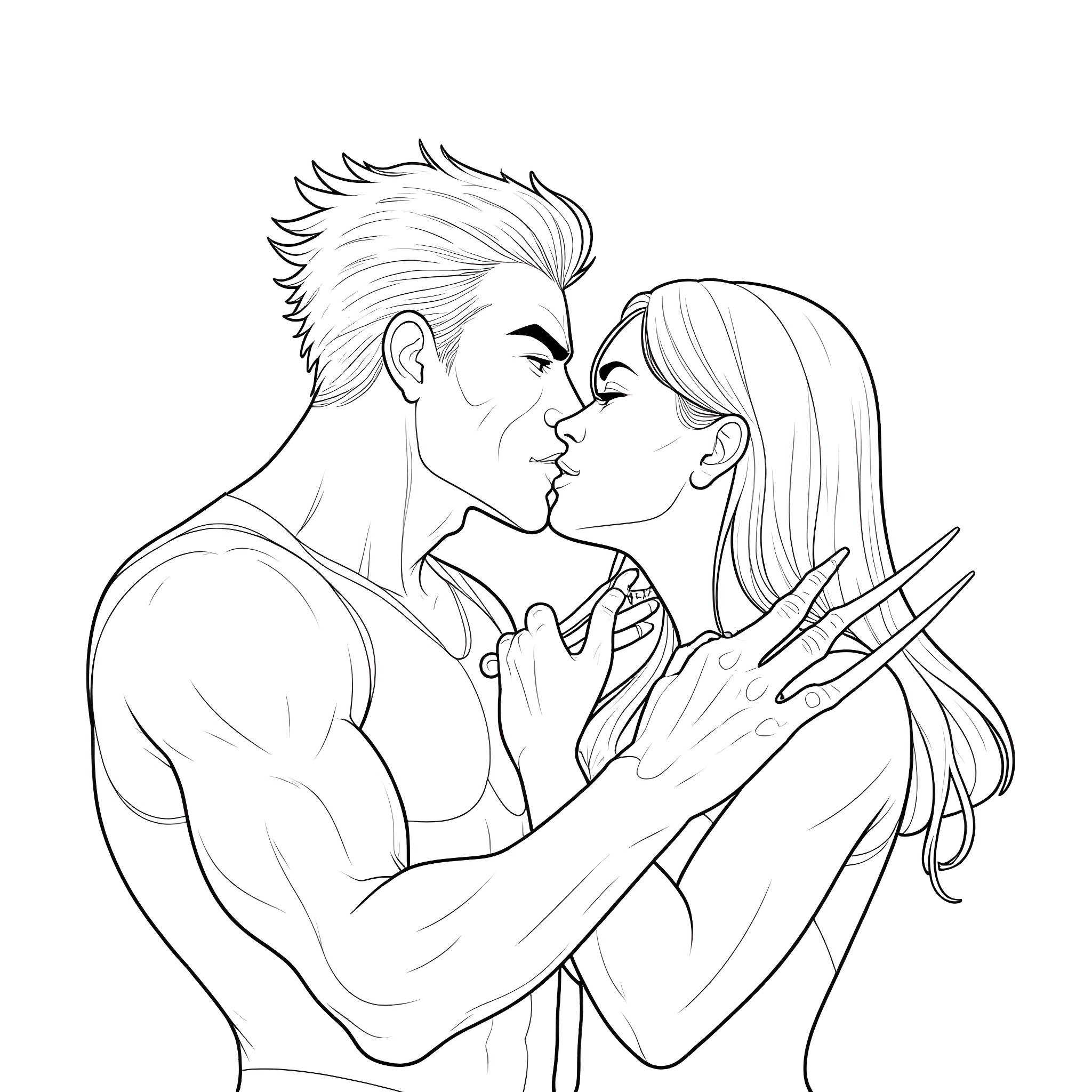 Wolverine's intimate moment with his beloved Coloring Page (free black-and-white line drawing printable PDF for all, from beginners to advanced learners, including children, teens, adults, and seniors)