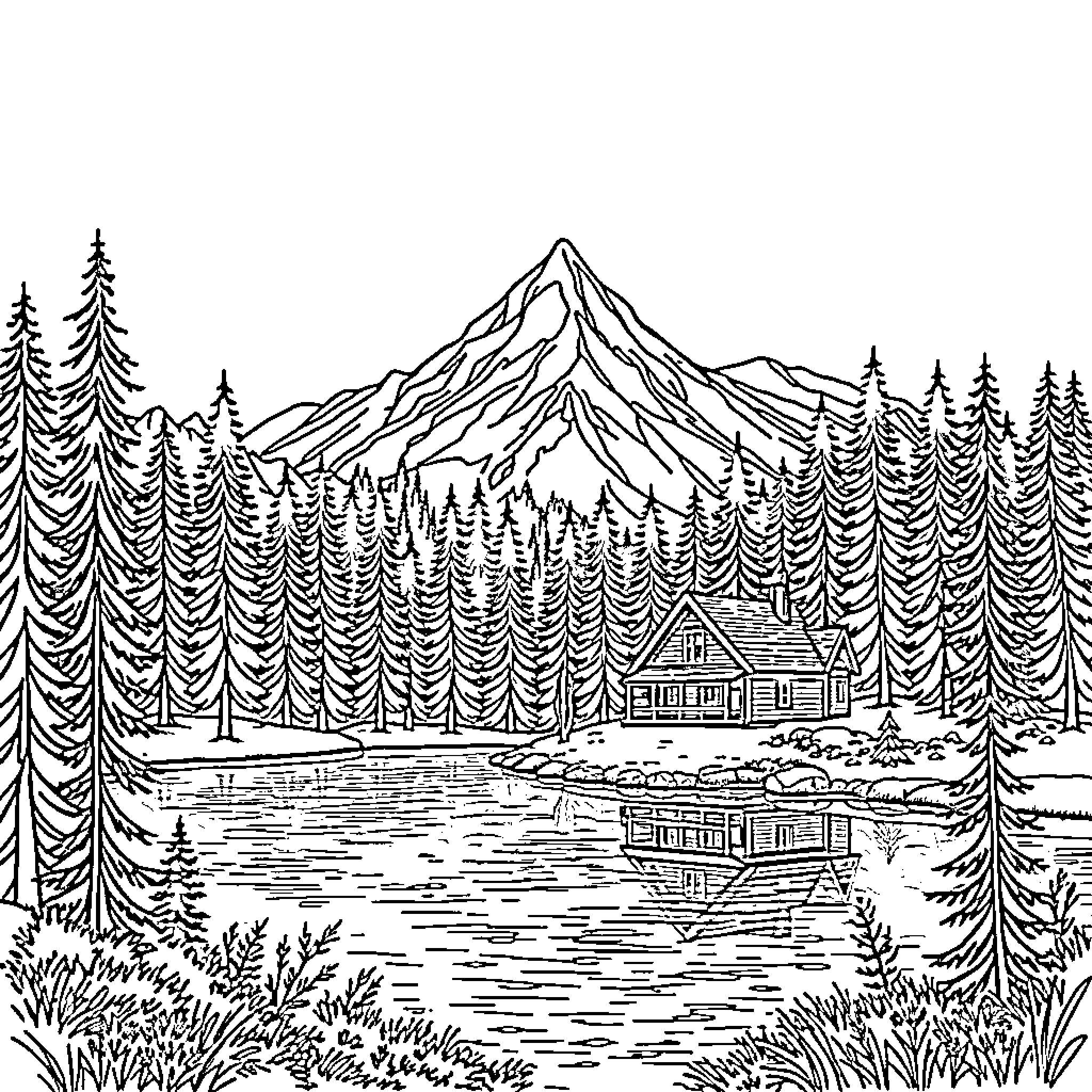 Lake View of Scenic Mountain Landscape Coloring Page (free black-and-white line drawing printable PDF for all, from beginners to advanced learners, including children, teens, adults, and seniors)