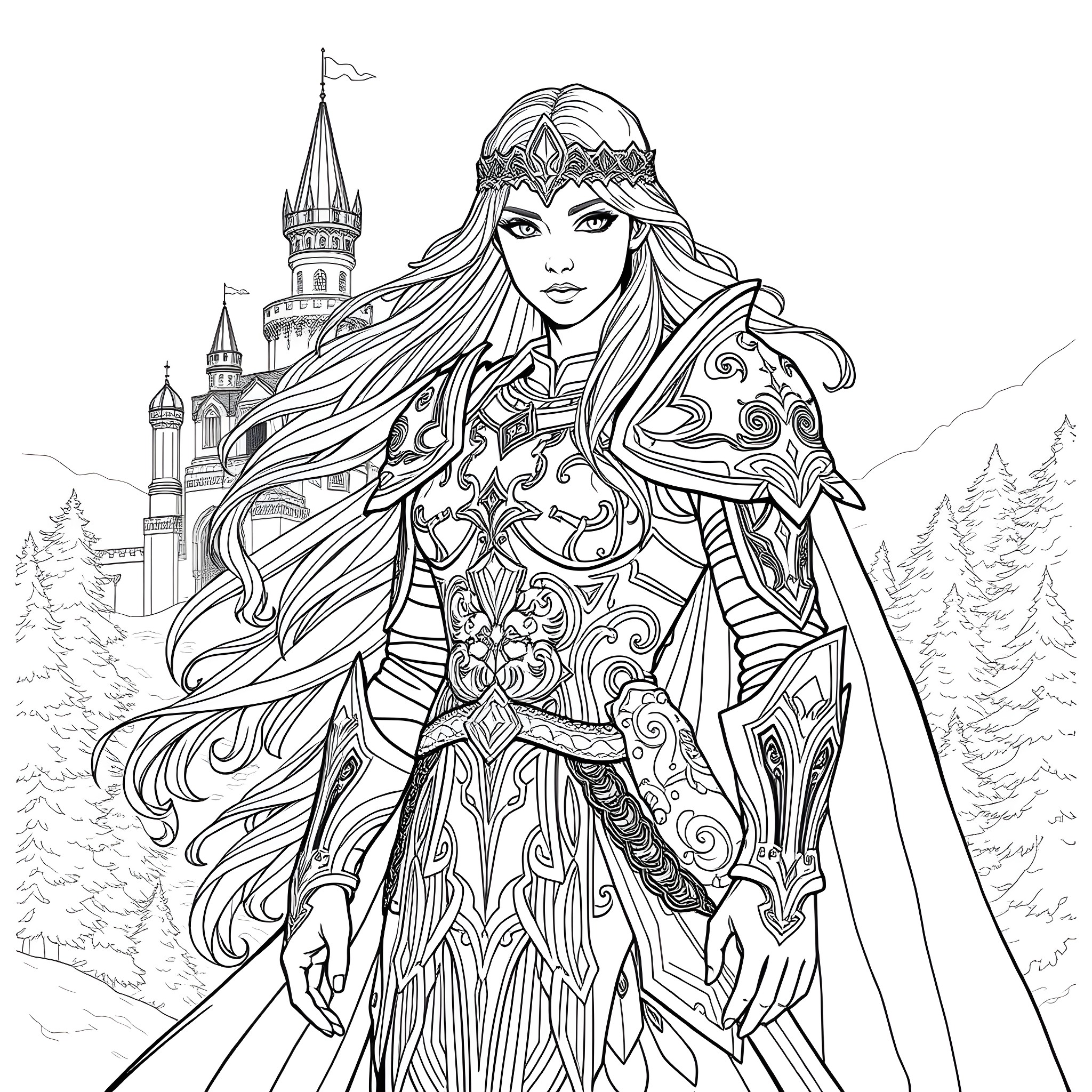 Aelin, the warrior princess in an elaborate fantasy outfit Coloring Page (free black-and-white line drawing printable PDF for all, from beginners to advanced learners, including children, teens, adults, and seniors)