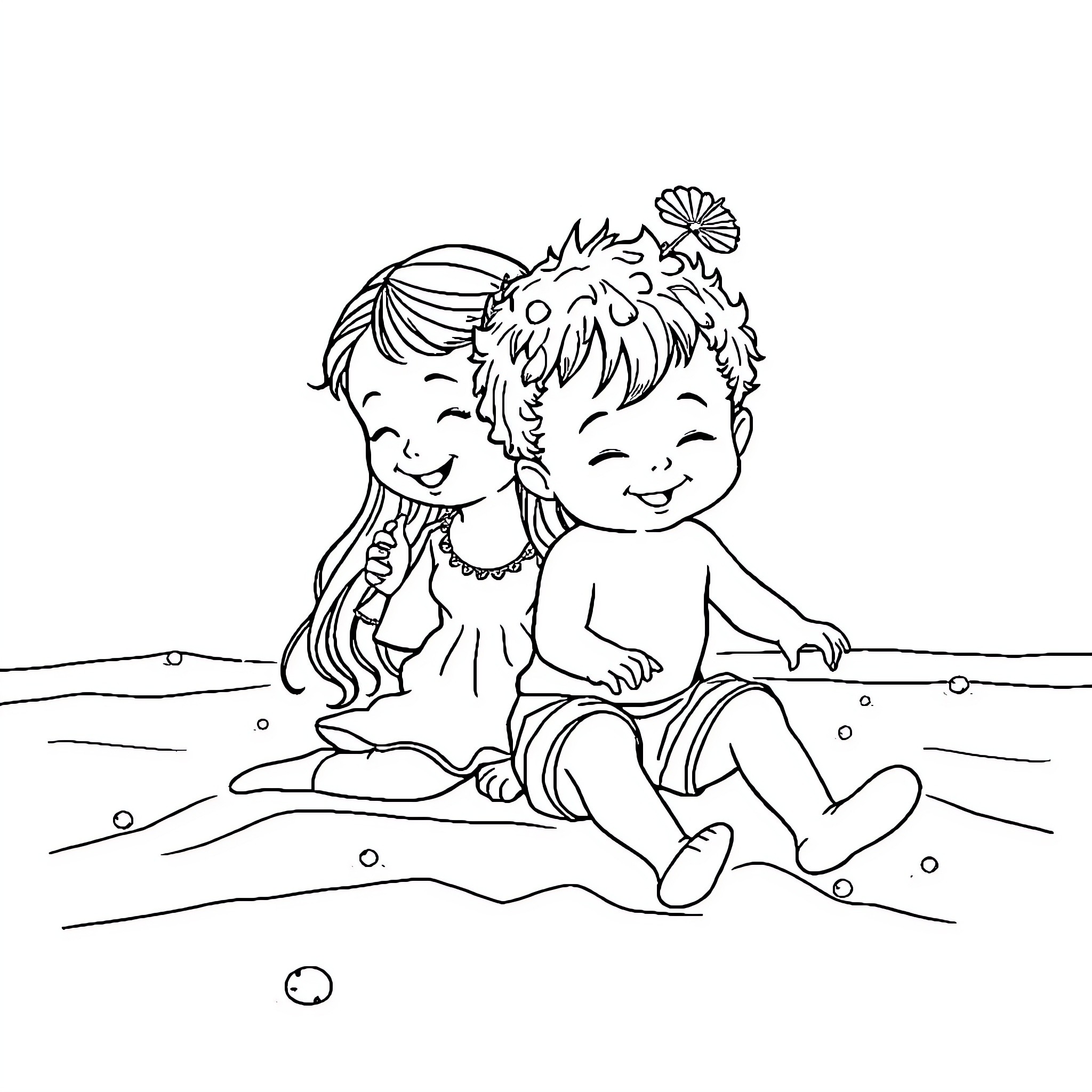 Child friends playing happily on the beach Coloring Page (free black-and-white line drawing printable PDF for all, from beginners to advanced learners, including children, teens, adults, and seniors)