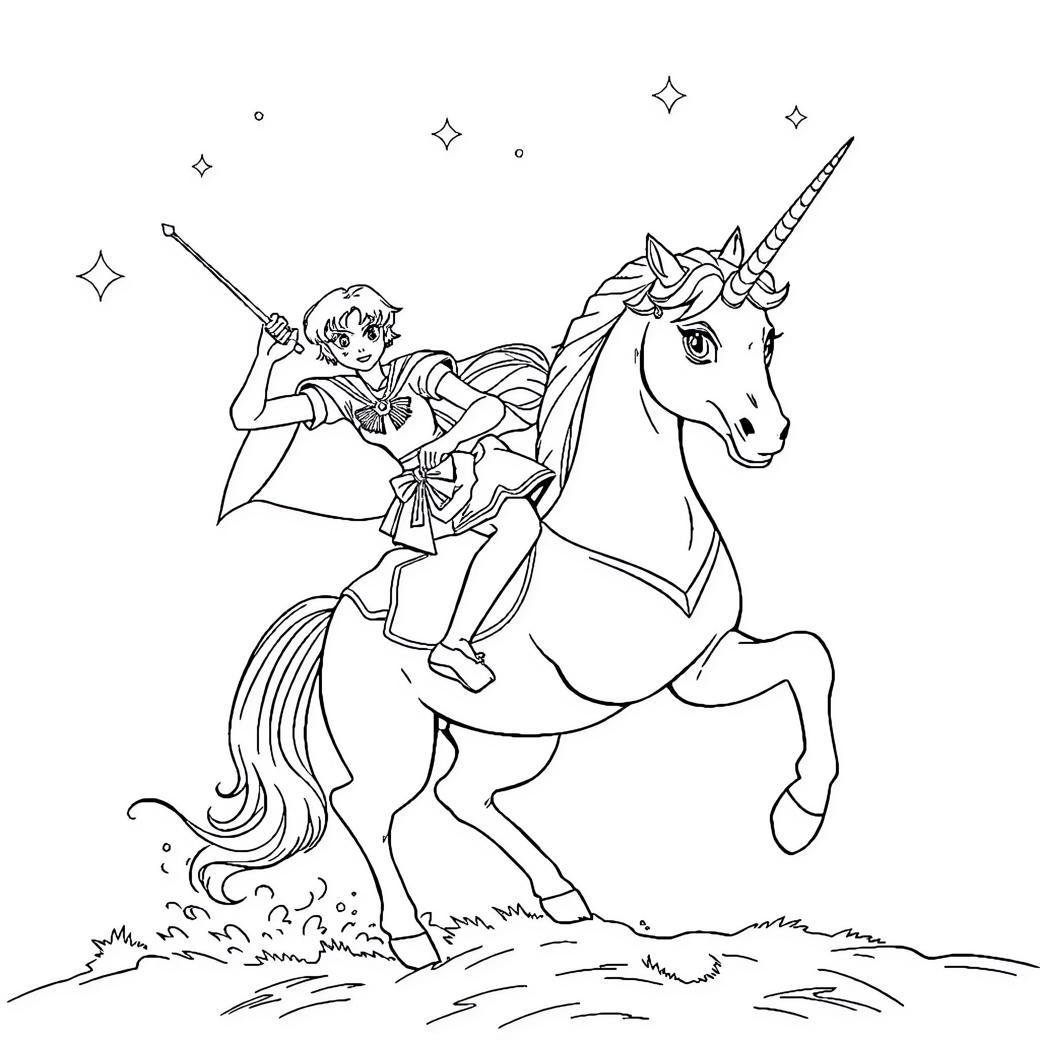 Sailor Moon Riding a Magical Unicorn Coloring Page (free black-and-white line drawing printable PDF for all, from beginners to advanced learners, including children, teens, adults, and seniors)