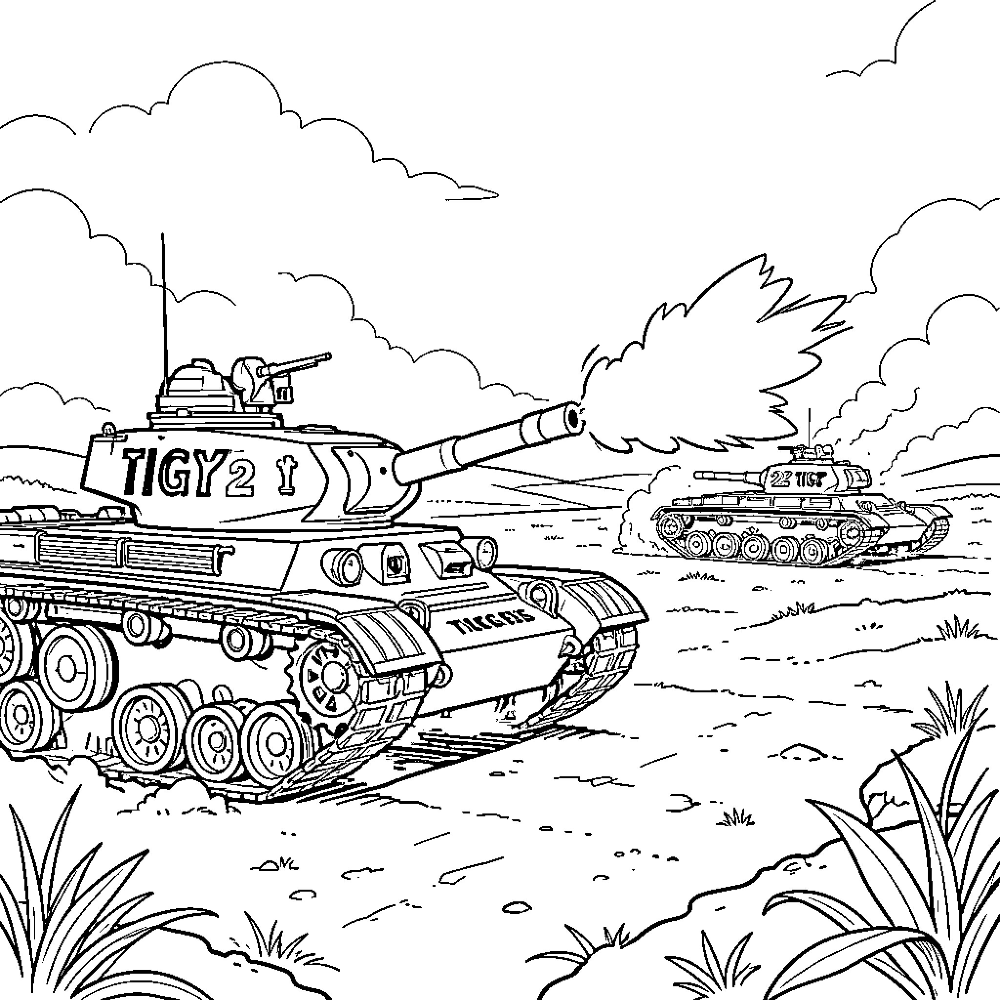 Tiger Tank firing cannons in a desert battlefield Coloring Page (free black-and-white line drawing printable PDF for all, from beginners to advanced learners, including children, teens, adults, and seniors)