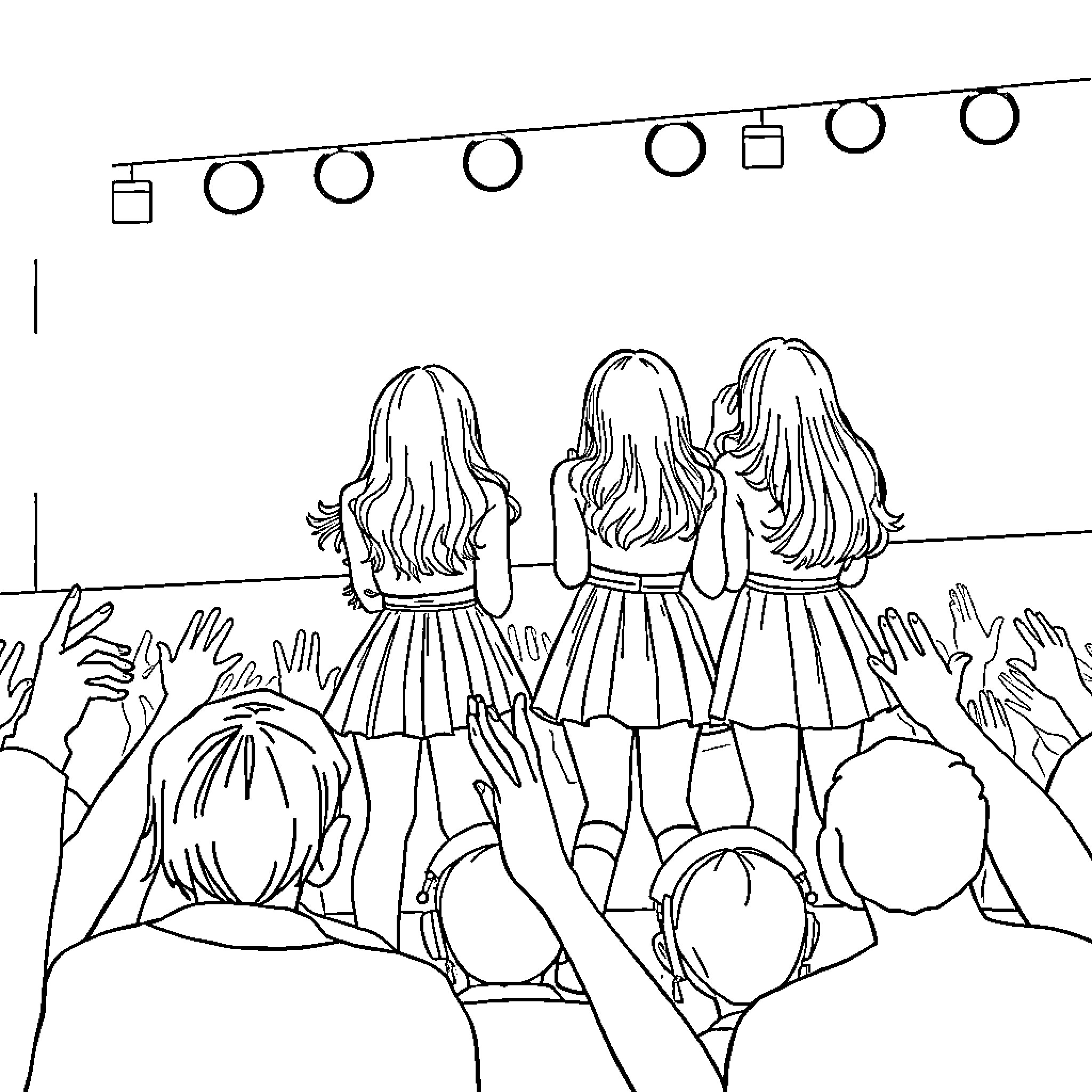 Twice performing on stage with adoring fans Coloring Page (free black-and-white line drawing printable PDF for all, from beginners to advanced learners, including children, teens, adults, and seniors)