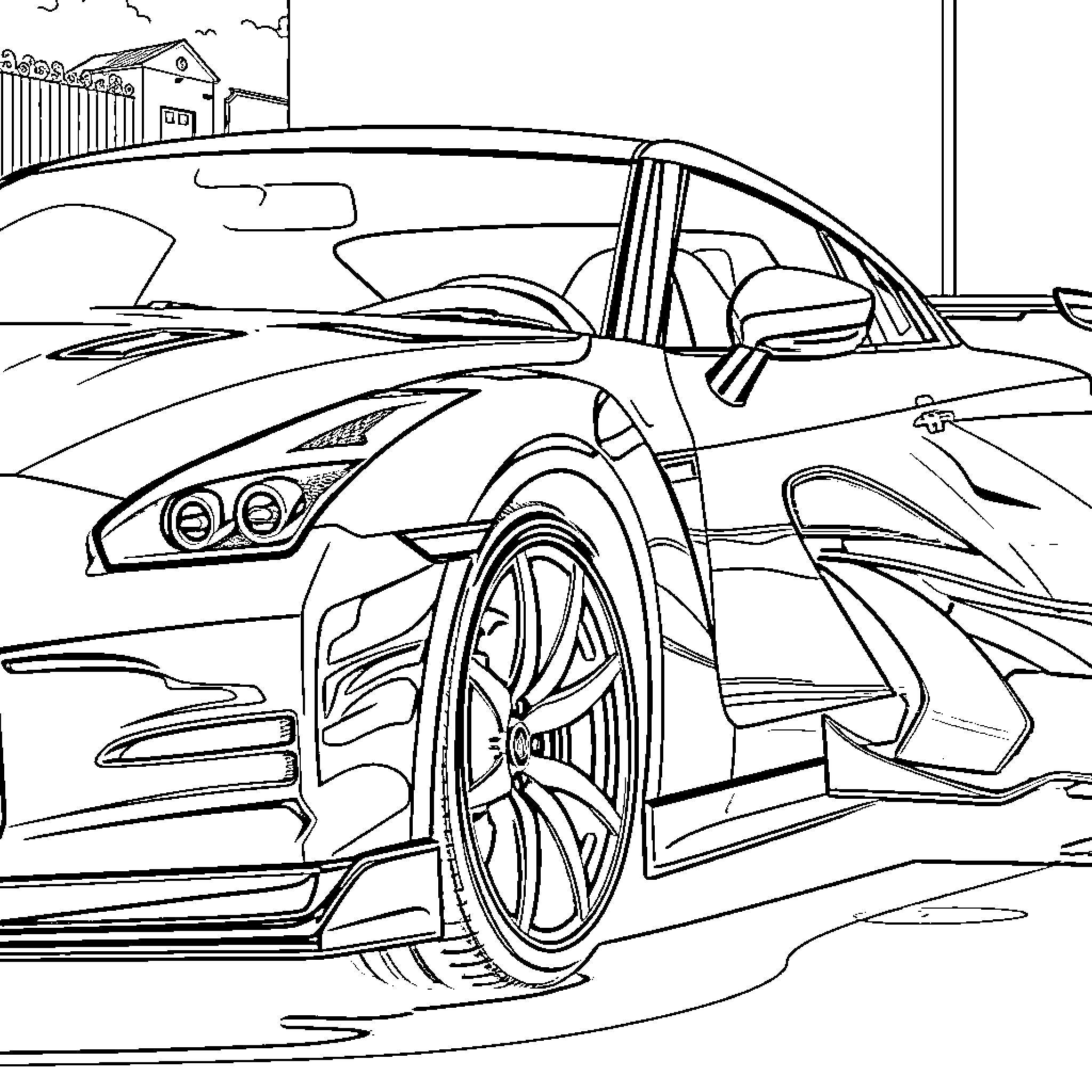 Car racing speedily in urban environment Coloring Page (free black-and-white line drawing printable PDF for all, from beginners to advanced learners, including children, teens, adults, and seniors)