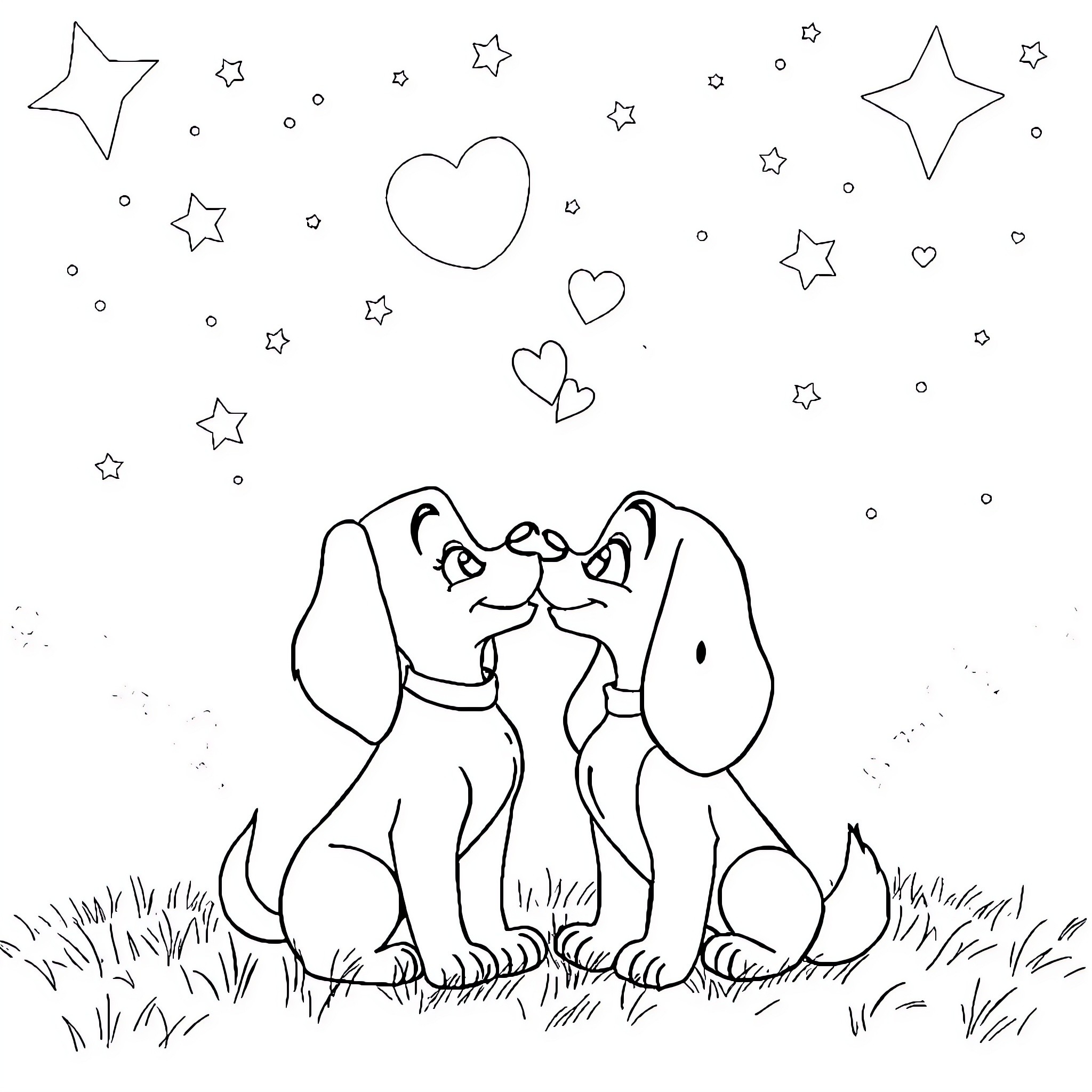 Lady and Tramp enjoying a romantic moment under the stars Coloring Page (free black-and-white line drawing printable PDF for all, from beginners to advanced learners, including children, teens, adults, and seniors)