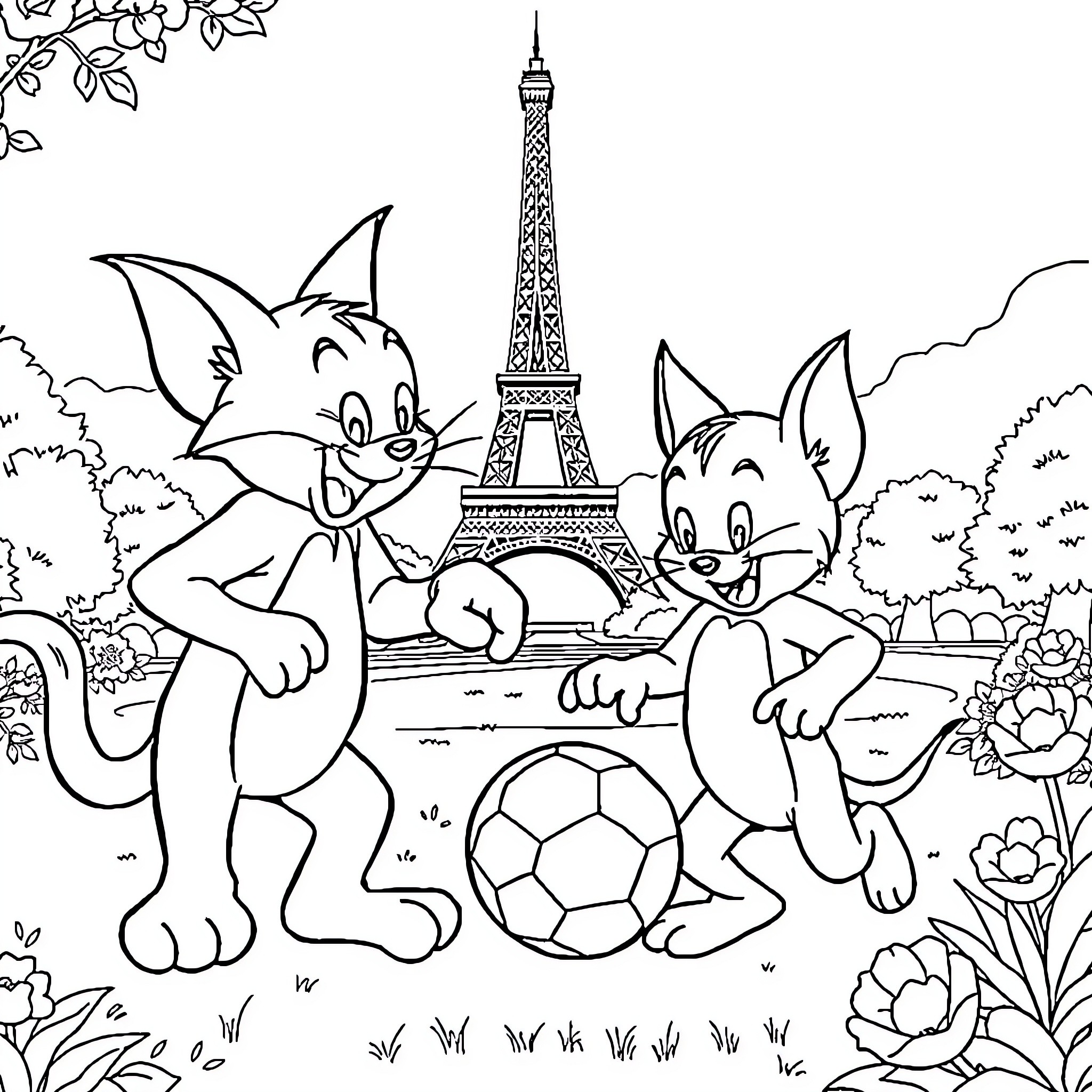 Tom and Jerry's Soccer Fun in Paris Coloring Page (free black-and-white line drawing printable PDF for all, from beginners to advanced learners, including children, teens, adults, and seniors)