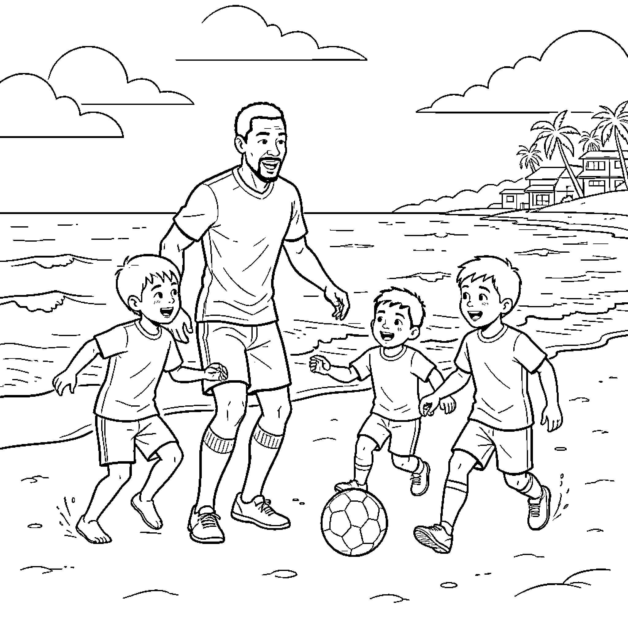 Samuel Eto'o playing football with children on the beach Coloring Page (free black-and-white line drawing printable PDF for all, from beginners to advanced learners, including children, teens, adults, and seniors)