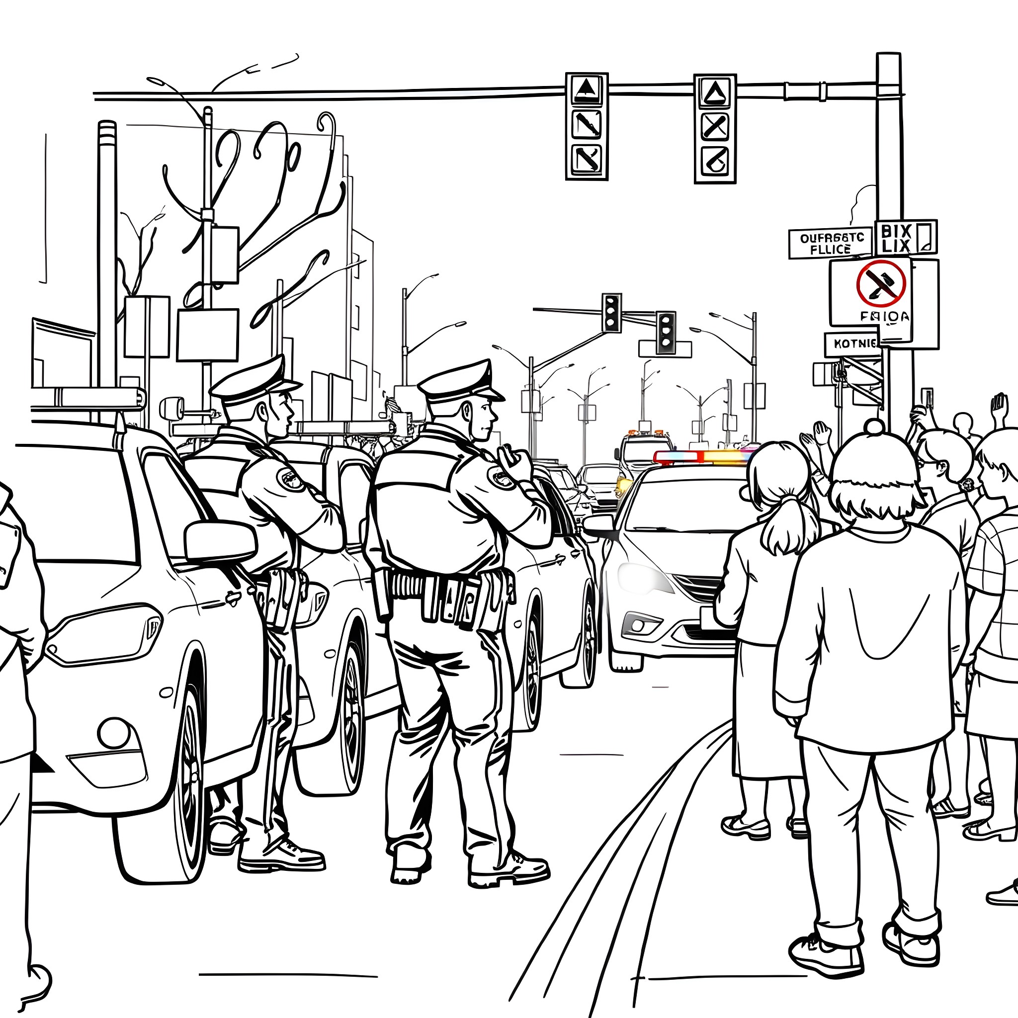 Police at the Busy Intersection Directing Traffic Coloring Page (free black-and-white line drawing printable PDF for all, from beginners to advanced learners, including children, teens, adults, and seniors)