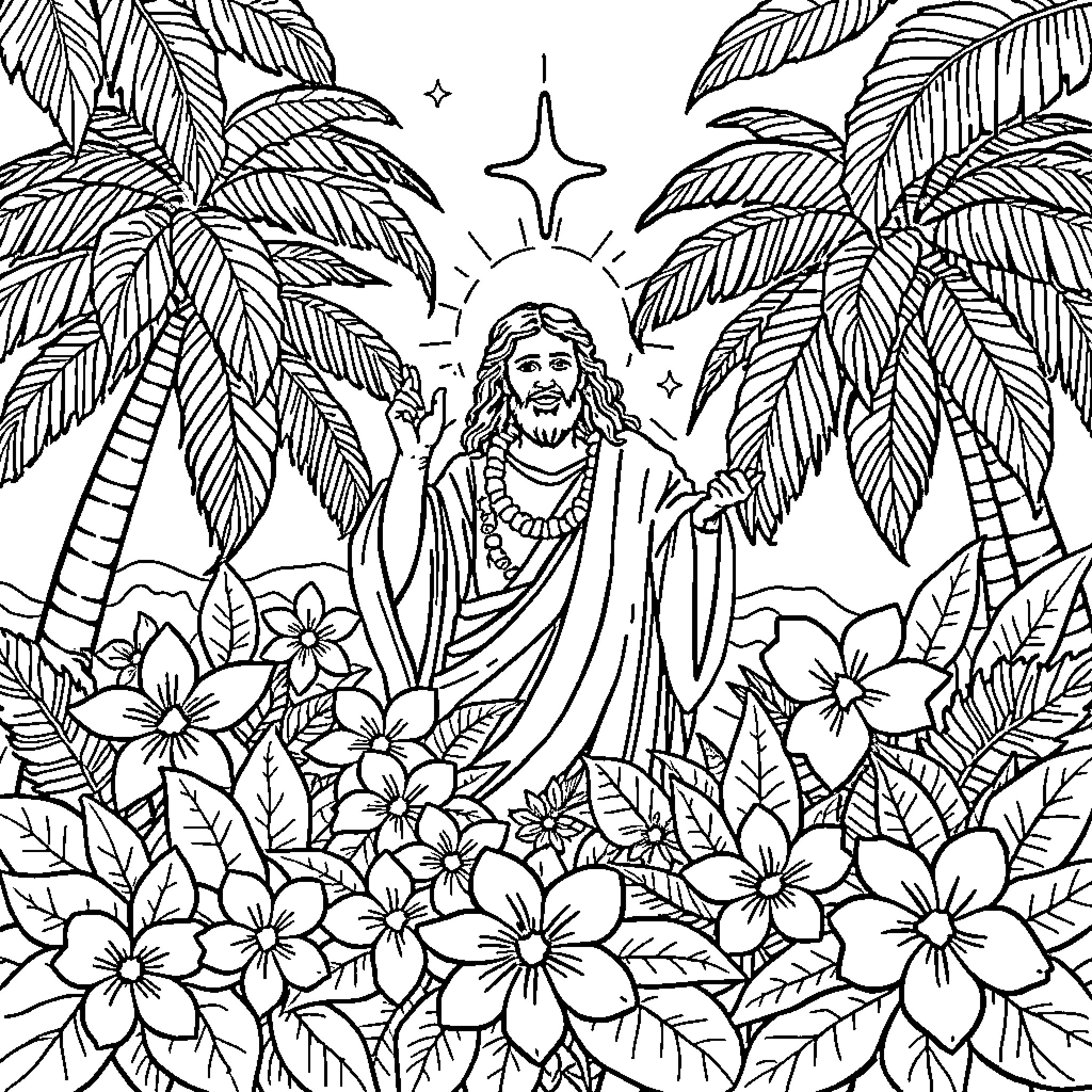 Jesus standing amidst lush tropical foliage Coloring Page (free black-and-white line drawing printable PDF for all, from beginners to advanced learners, including children, teens, adults, and seniors)