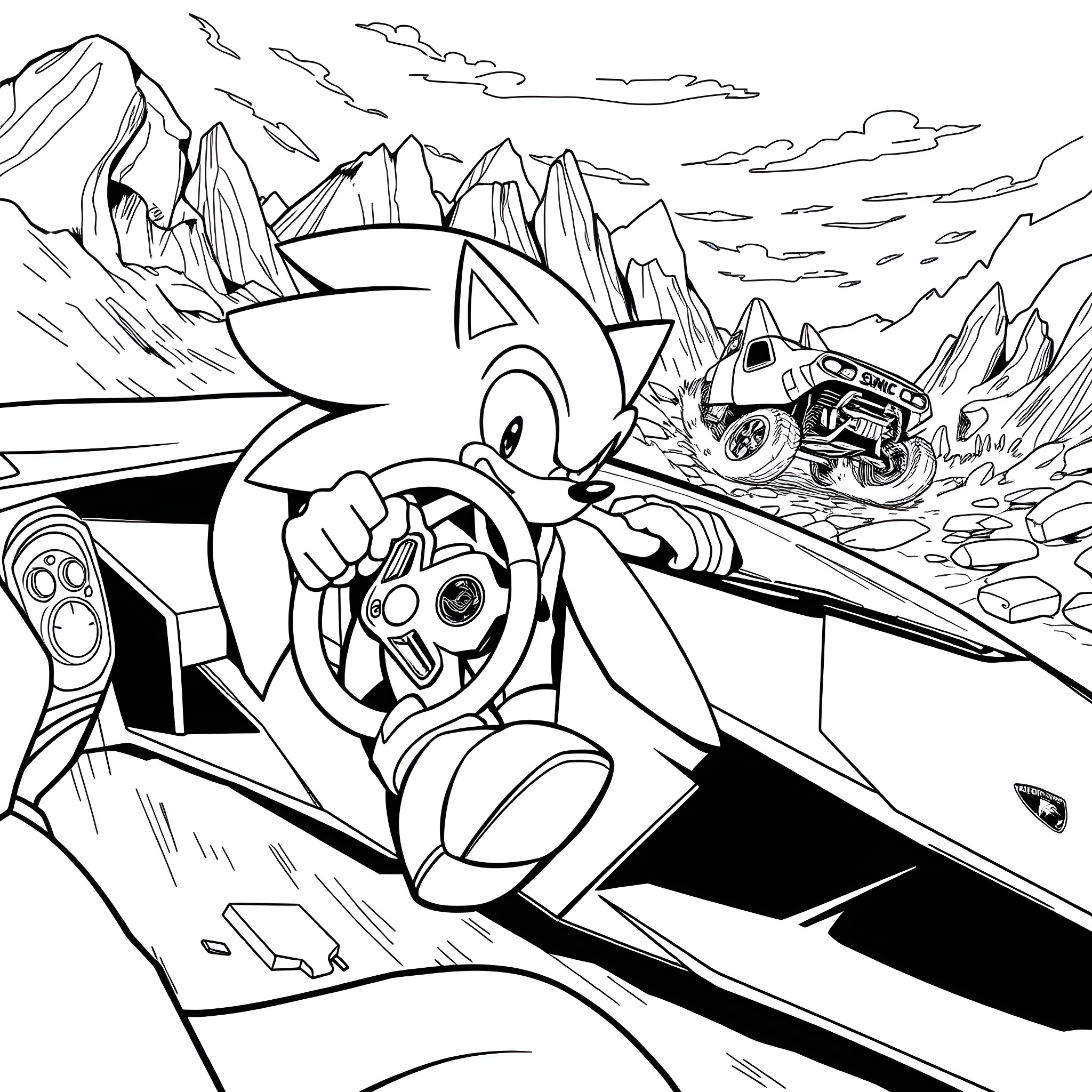 Sonic racing through a rugged mountain landscape Coloring Page (free black-and-white line drawing printable PDF for all, from beginners to advanced learners, including children, teens, adults, and seniors)