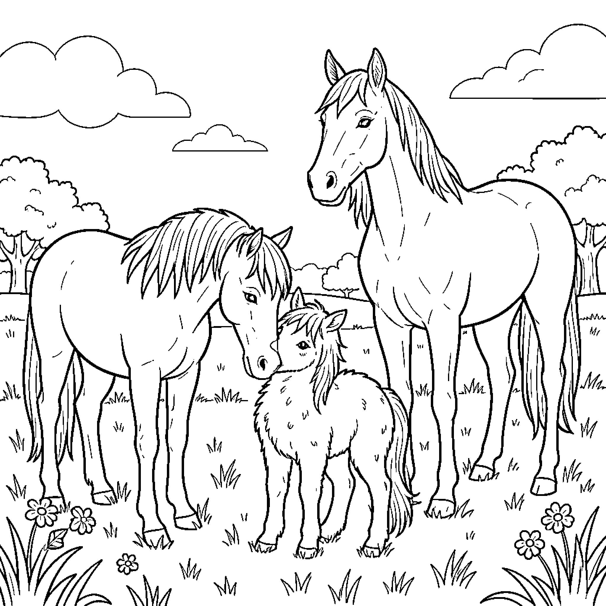 Mare and her foal in a peaceful meadow Coloring Page (free black-and-white line drawing printable PDF for all, from beginners to advanced learners, including children, teens, adults, and seniors)