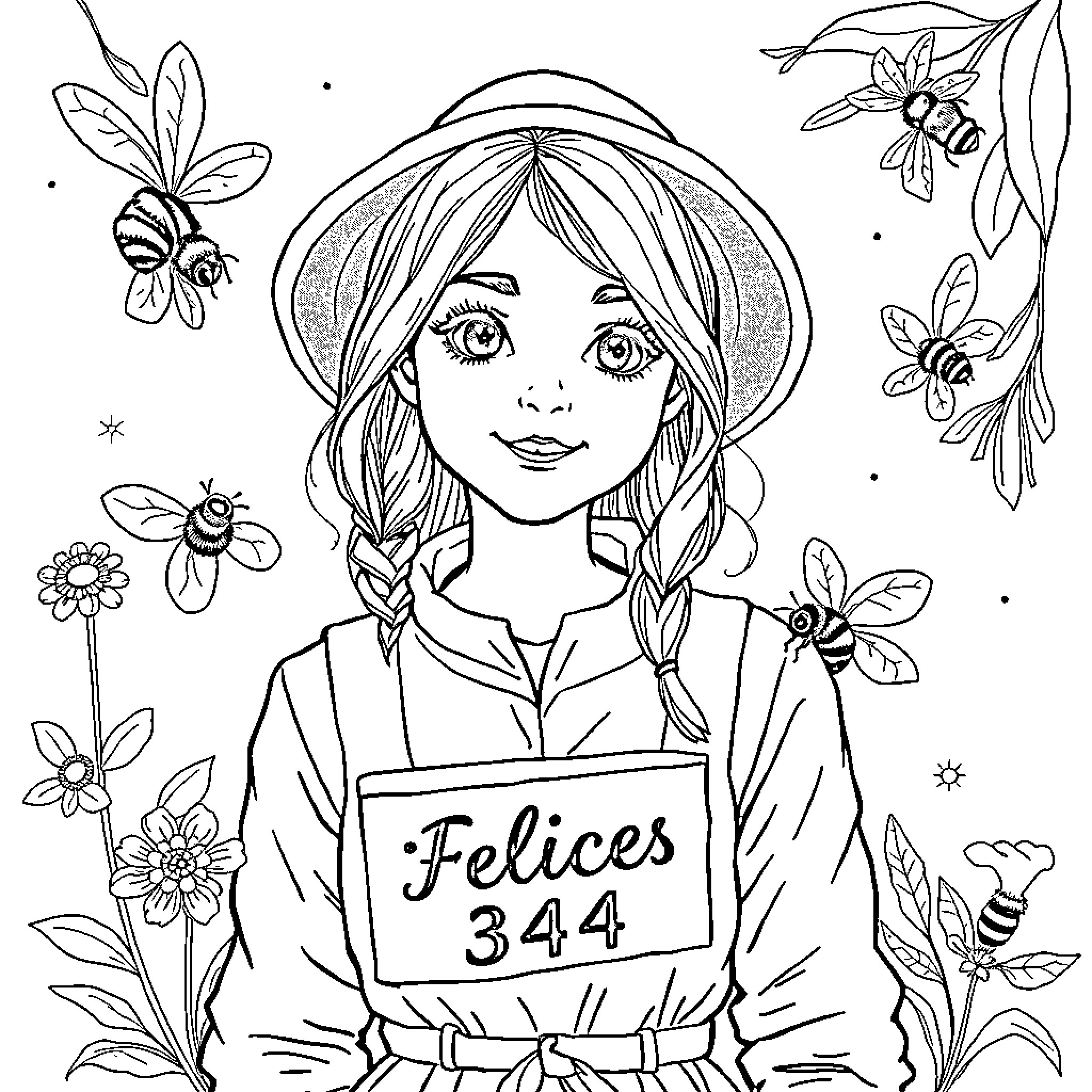 Chica in nature, surrounded by flowers and bees Coloring Page (free black-and-white line drawing printable PDF for all, from beginners to advanced learners, including children, teens, adults, and seniors)