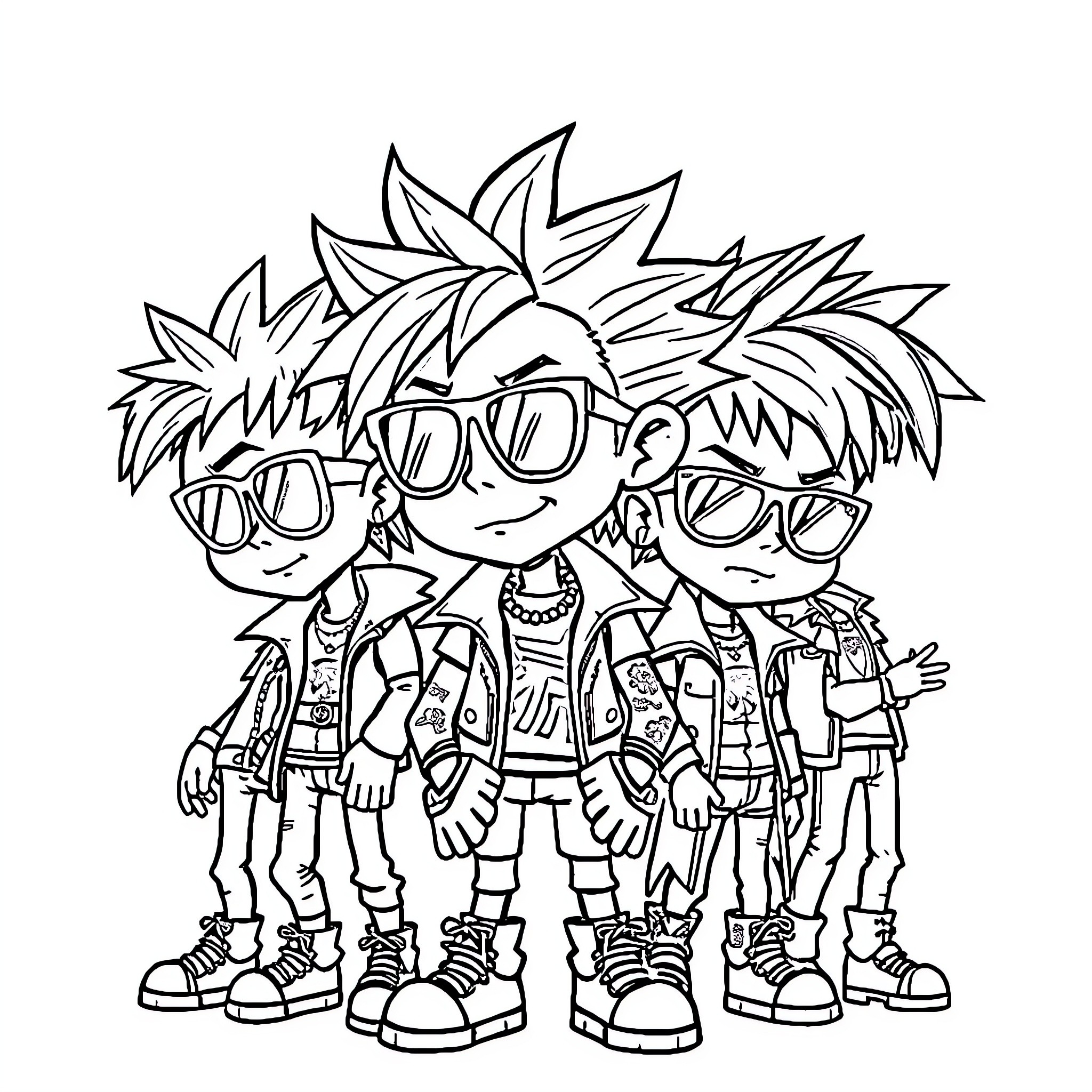 Punk Rock Character Group with Unique Styles Coloring Page (free black-and-white line drawing printable PDF for all, from beginners to advanced learners, including children, teens, adults, and seniors)