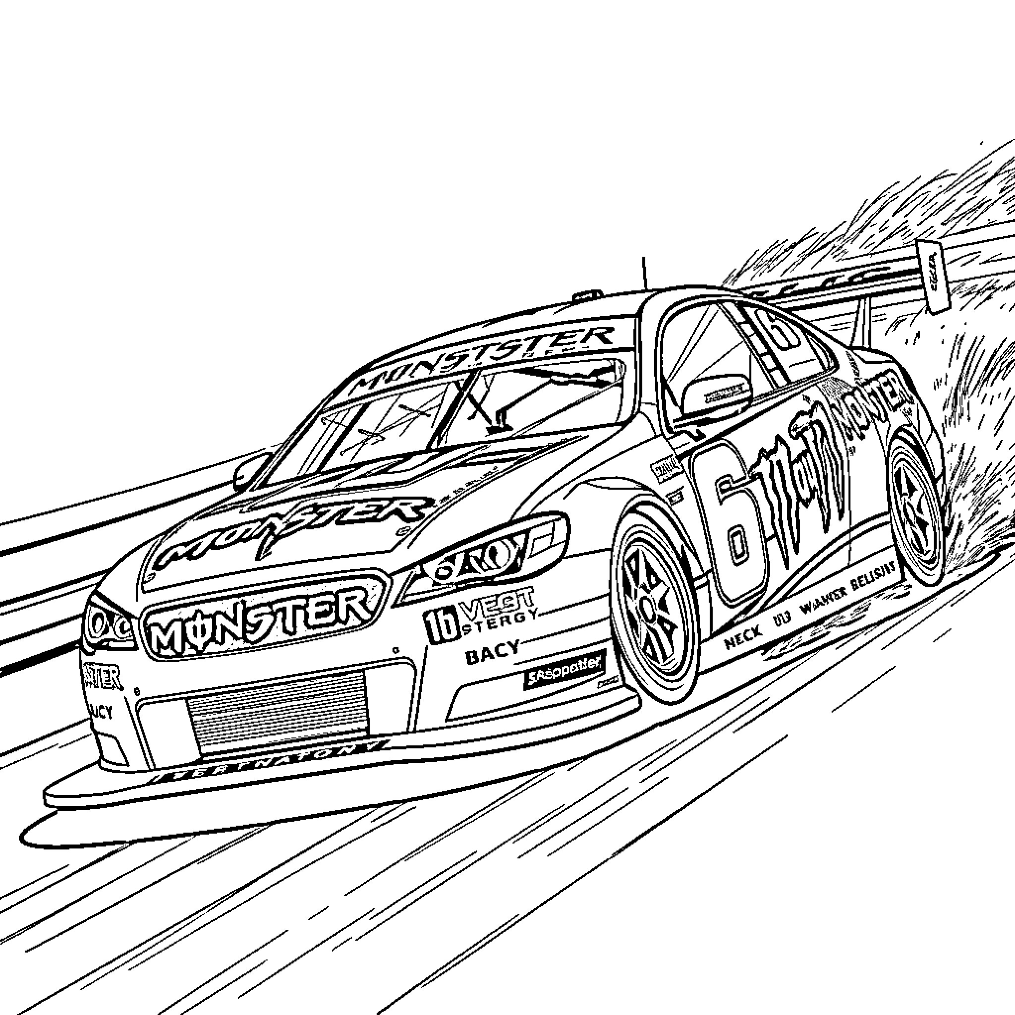 Supercar speeding on racetrack with sponsors Coloring Page (free black-and-white line drawing printable PDF for all, from beginners to advanced learners, including children, teens, adults, and seniors)