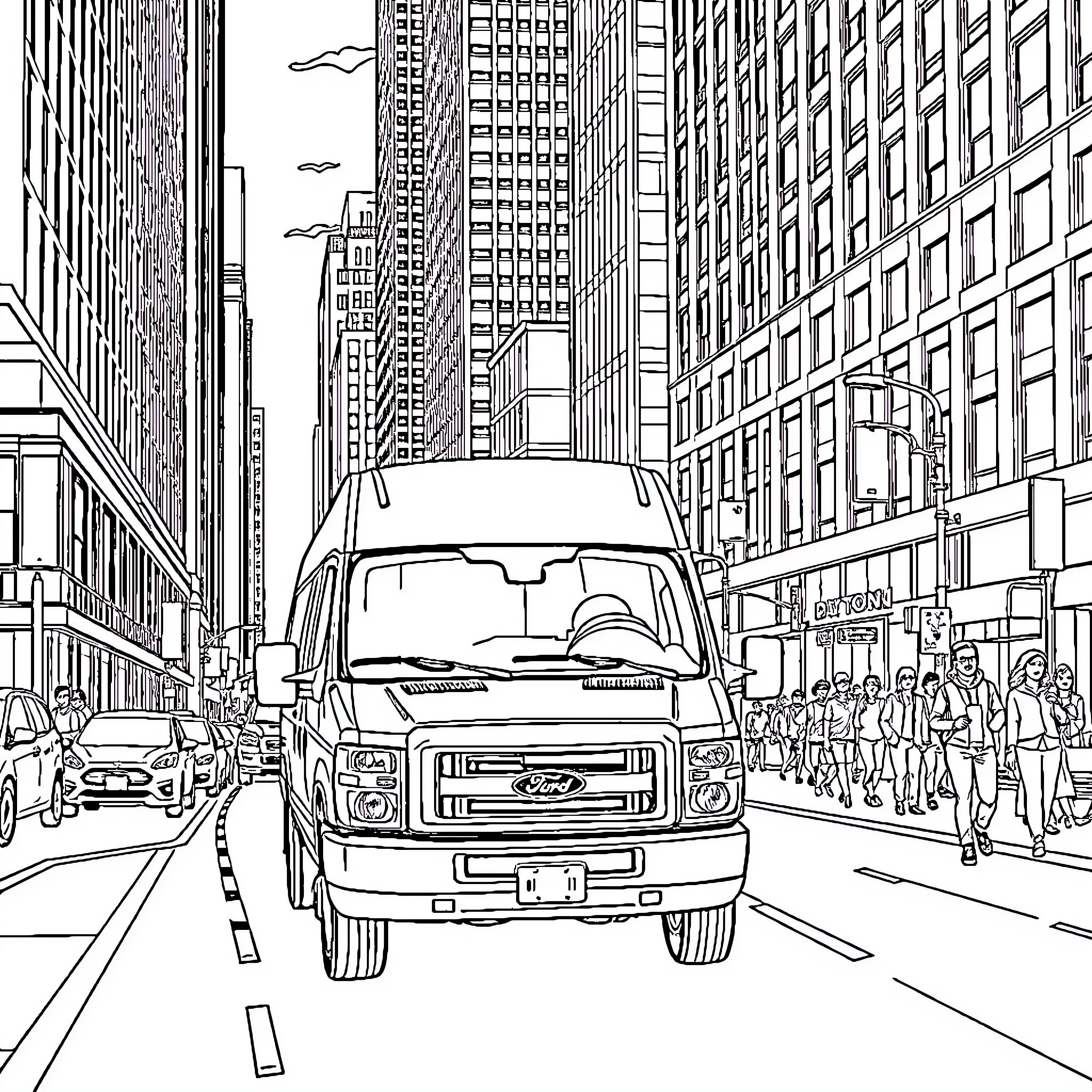 Van driving through a bustling city street Coloring Page (free black-and-white line drawing printable PDF for all, from beginners to advanced learners, including children, teens, adults, and seniors)