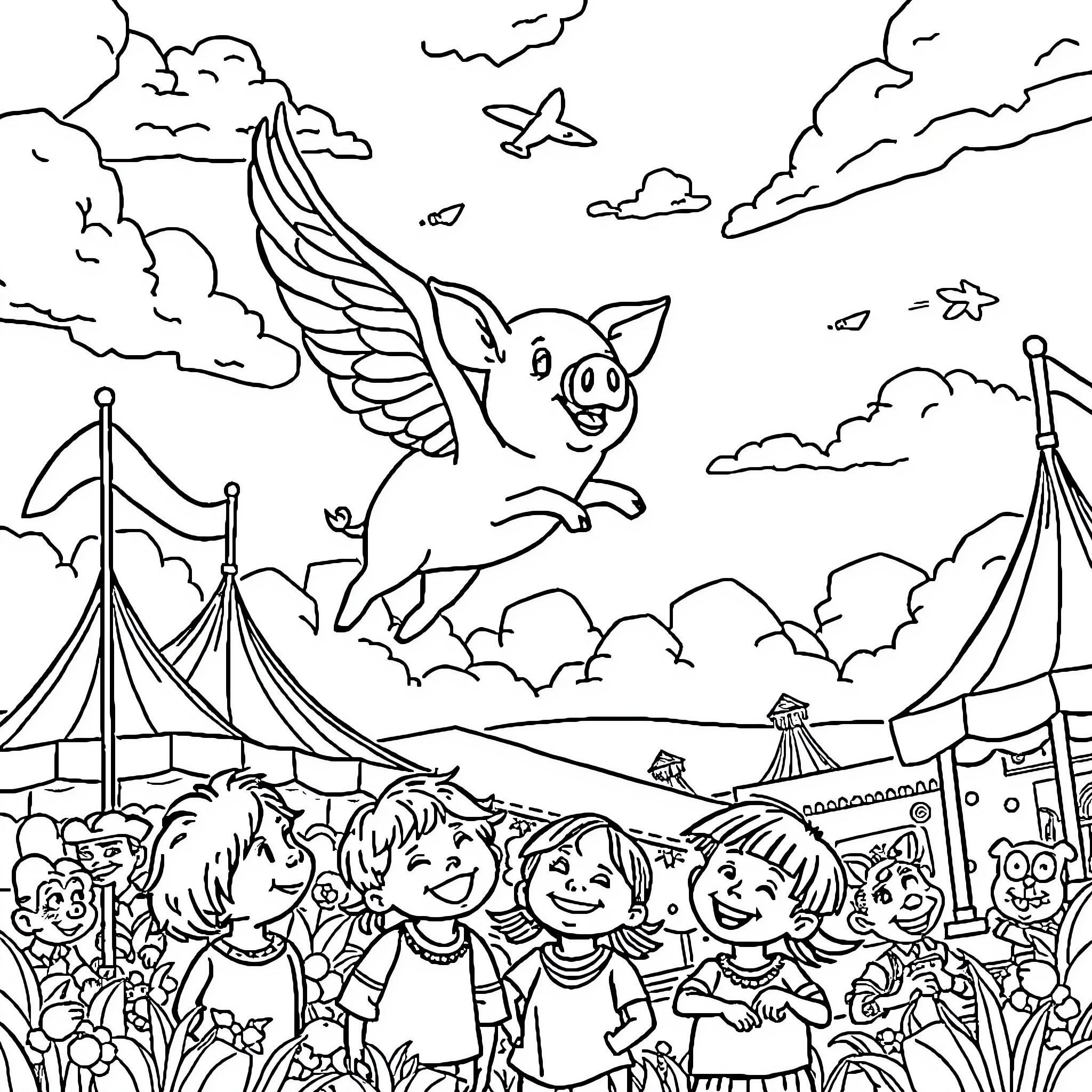 Flying Pig Soaring Above a Lively Carnival Scene Coloring Page (free black-and-white line drawing printable PDF for all, from beginners to advanced learners, including children, teens, adults, and seniors)