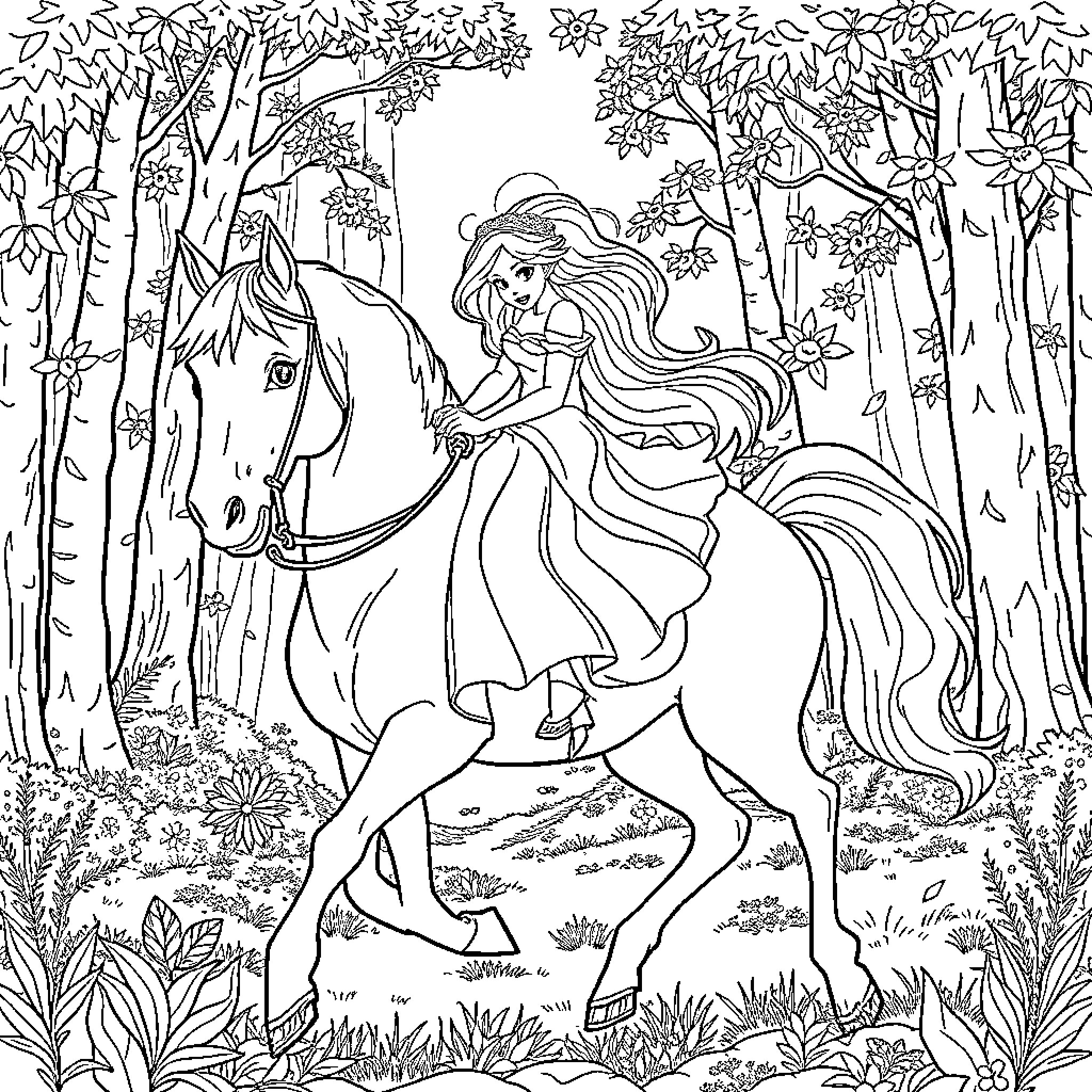 Princess Riding Majestic Horse in Enchanted Forest Coloring Page (free black-and-white line drawing printable PDF for all, from beginners to advanced learners, including children, teens, adults, and seniors)