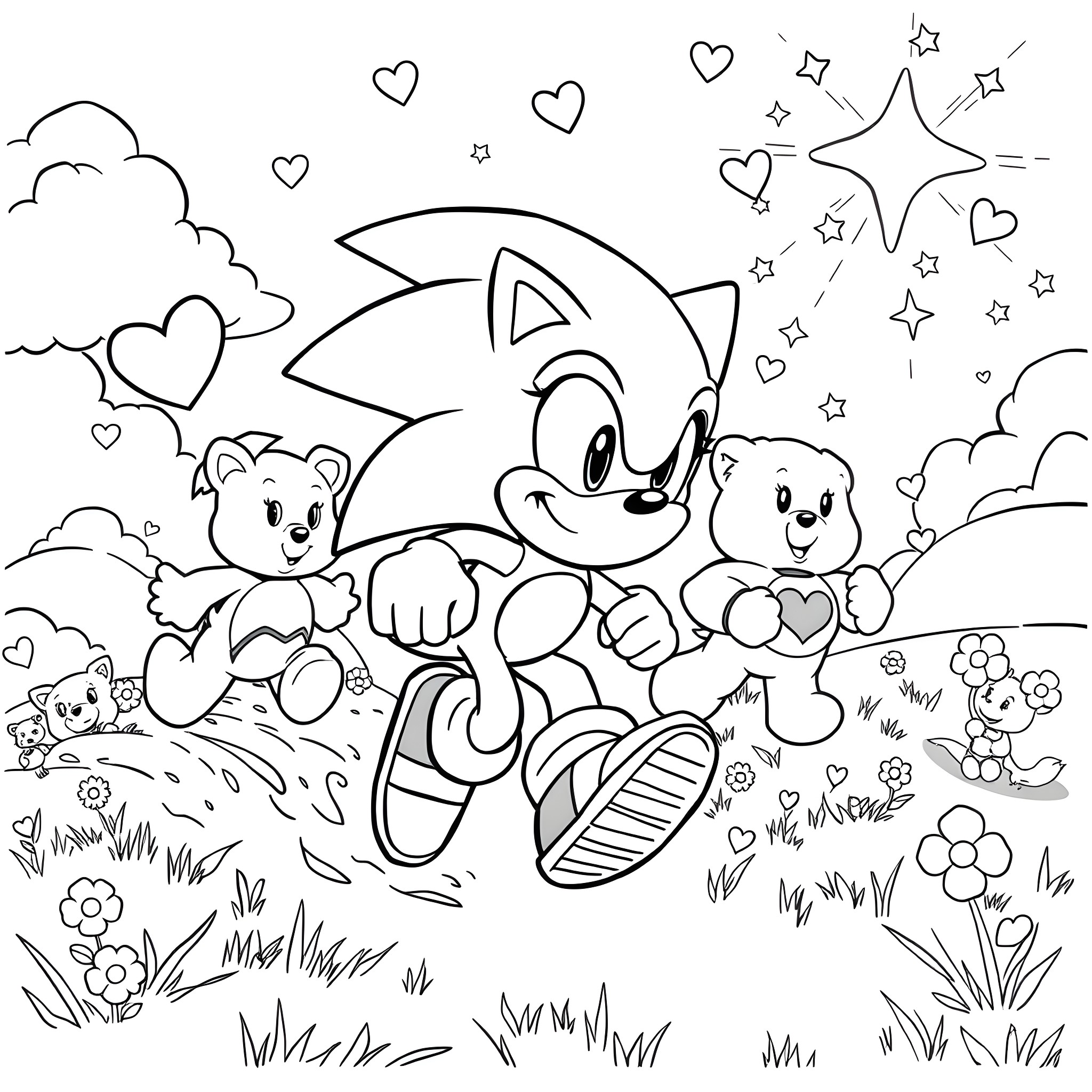 Sonic and friends in a cheerful outdoor scene Coloring Page (free black-and-white line drawing printable PDF for all, from beginners to advanced learners, including children, teens, adults, and seniors)