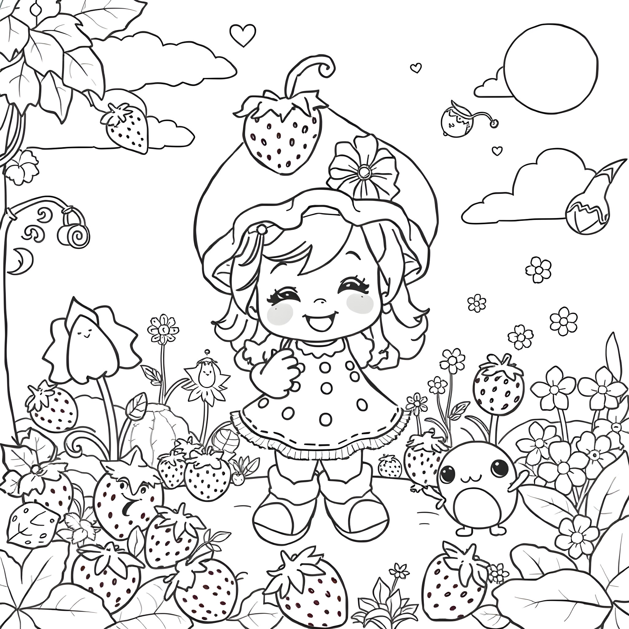 Strawberry Shortcake exploring the strawberry garden Coloring Page (free black-and-white line drawing printable PDF for all, from beginners to advanced learners, including children, teens, adults, and seniors)