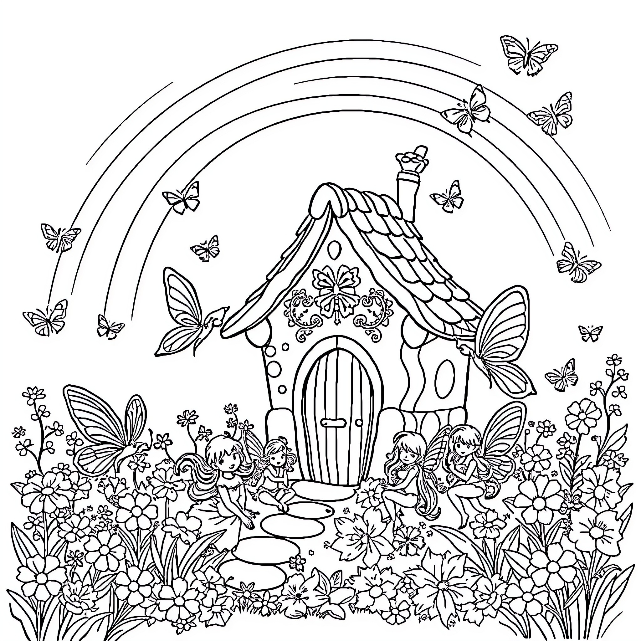 Fairy House Surrounded by Blooming Flowers and Butterflies Coloring Page (free black-and-white line drawing printable PDF for all, from beginners to advanced learners, including children, teens, adults, and seniors)