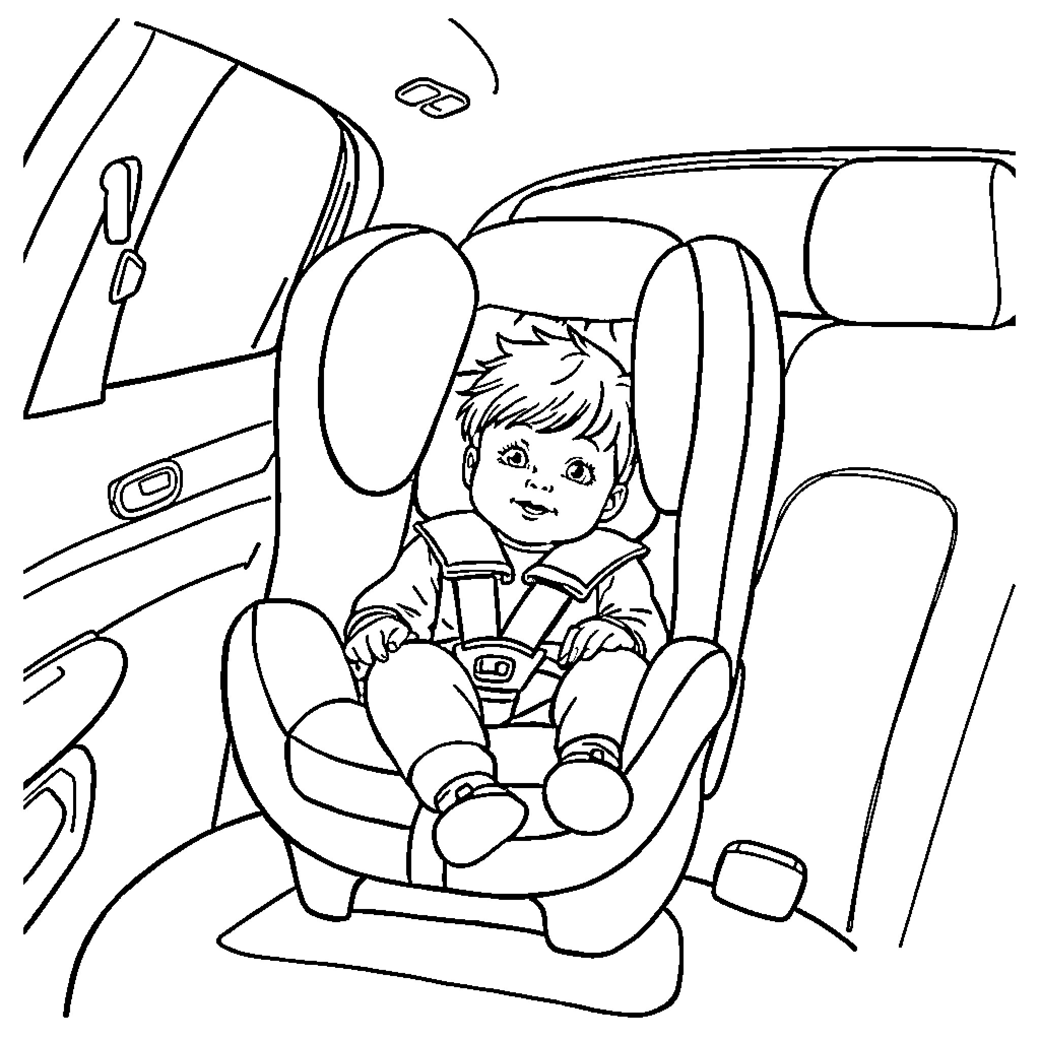 Babygirl safely secured in car seat Coloring Page (free black-and-white line drawing printable PDF for all, from beginners to advanced learners, including children, teens, adults, and seniors)
