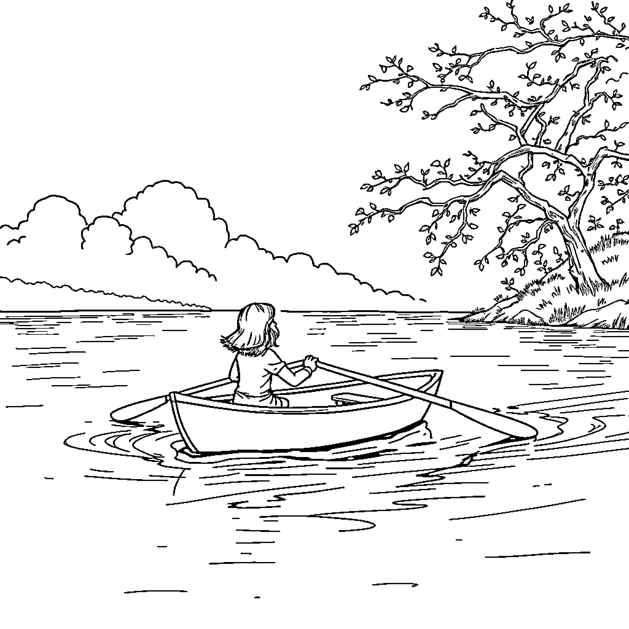 Girl enjoying a peaceful boat ride on the lake Coloring Page (free black-and-white line drawing printable PDF for all, from beginners to advanced learners, including children, teens, adults, and seniors)