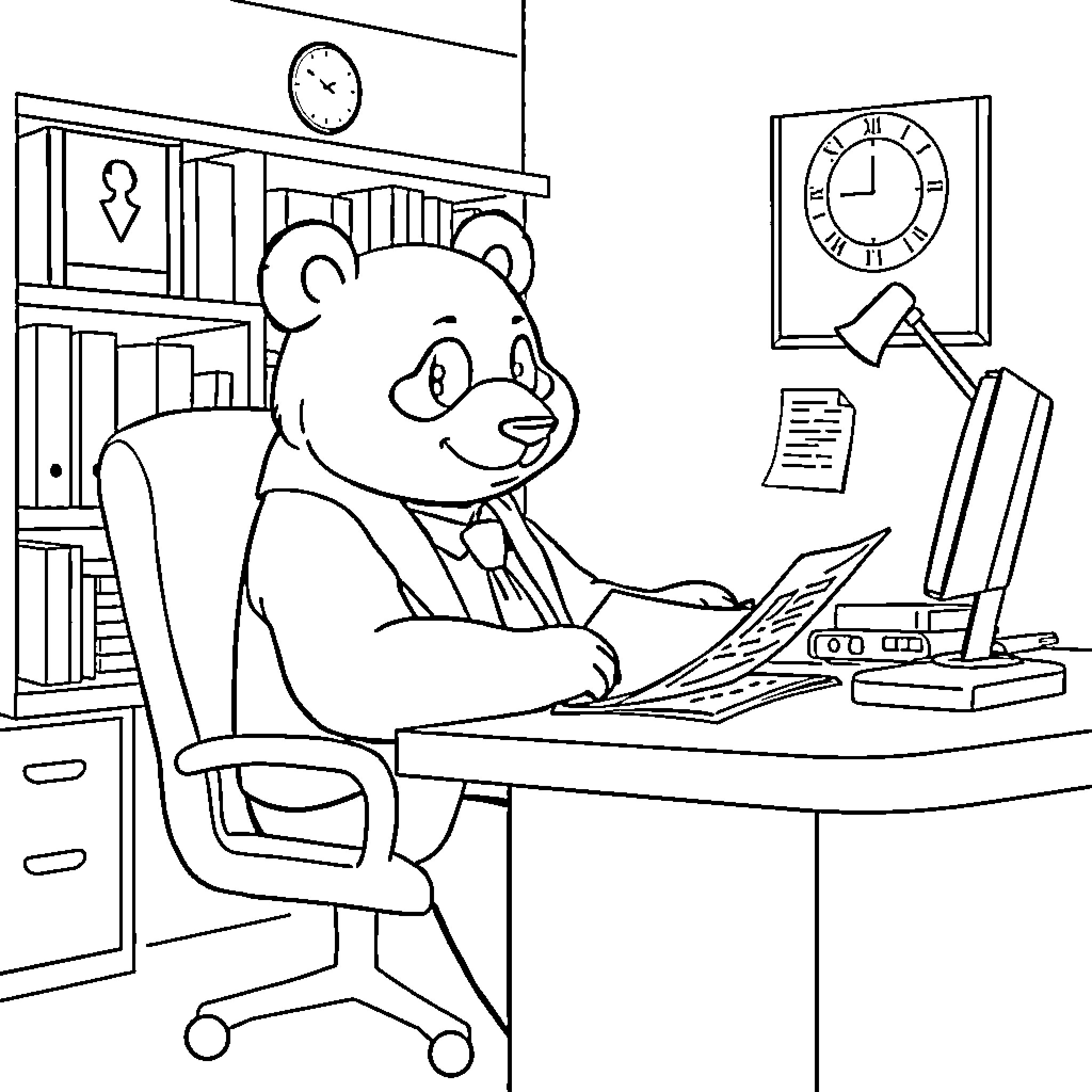 Panda working diligently in the office Coloring Page (free black-and-white line drawing printable PDF for all, from beginners to advanced learners, including children, teens, adults, and seniors)