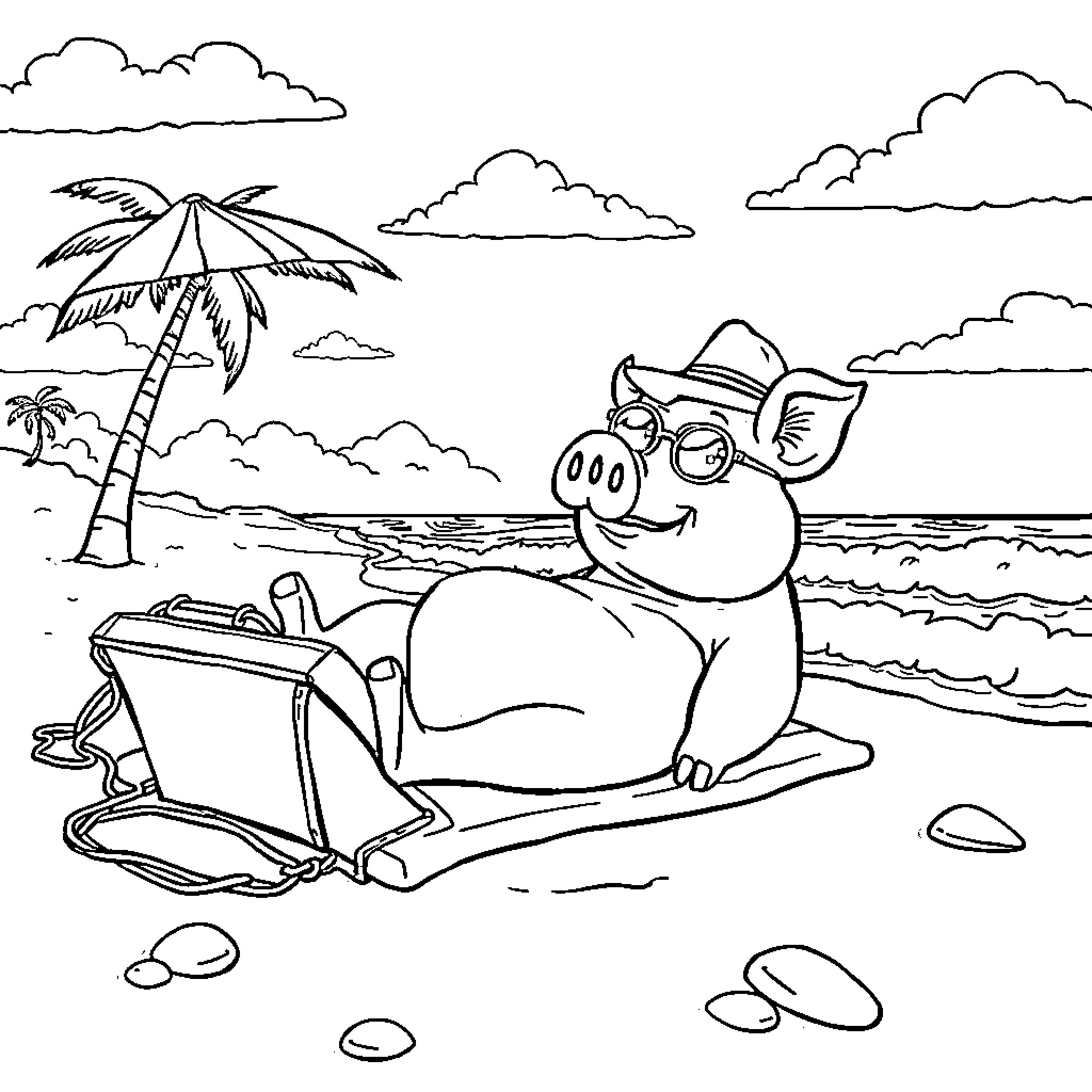 Porkbelly Enjoying a Sunny Beach Day Coloring Page (free black-and-white line drawing printable PDF for all, from beginners to advanced learners, including children, teens, adults, and seniors)
