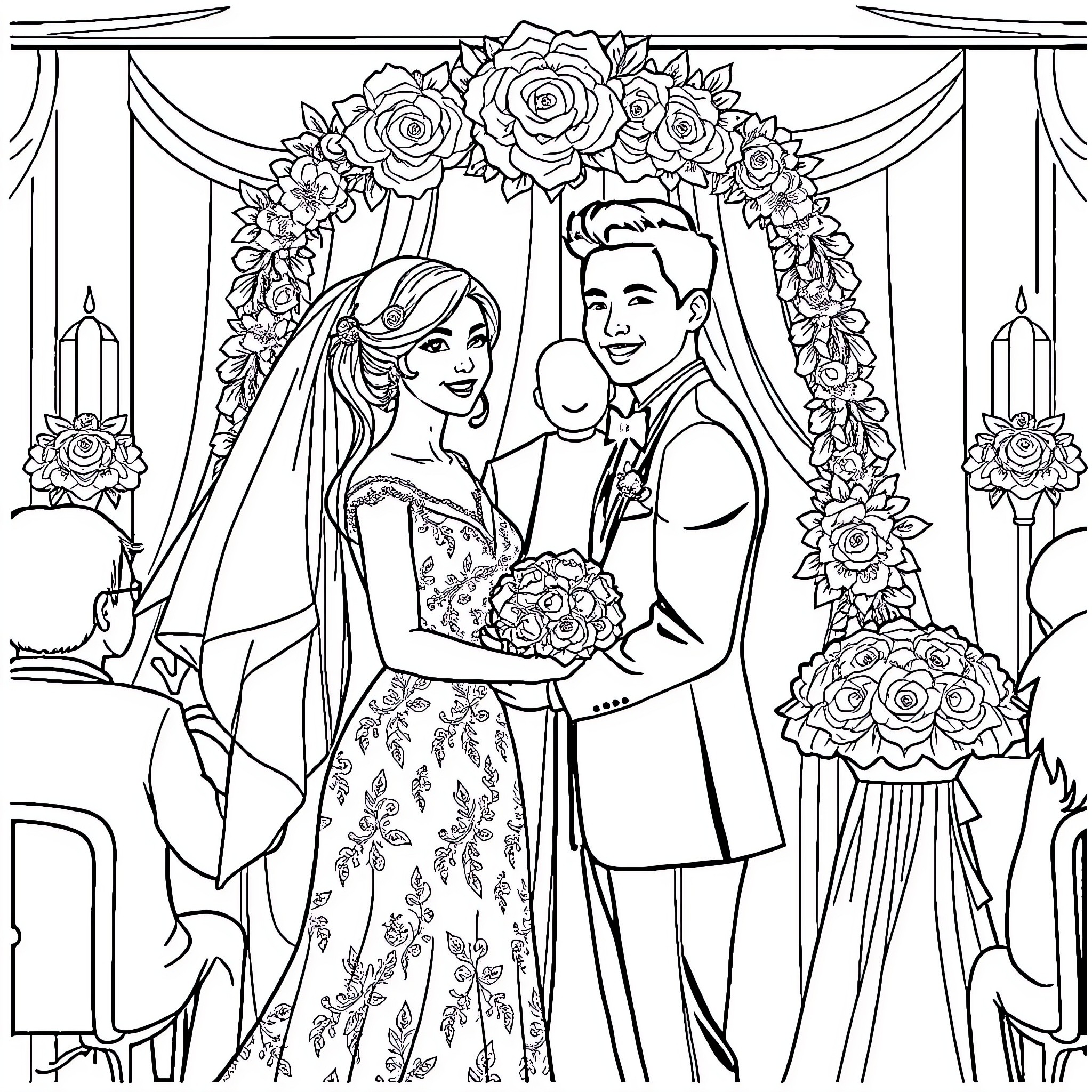 Diluc's Elegant Wedding Ceremony Coloring Page (free black-and-white line drawing printable PDF for all, from beginners to advanced learners, including children, teens, adults, and seniors)
