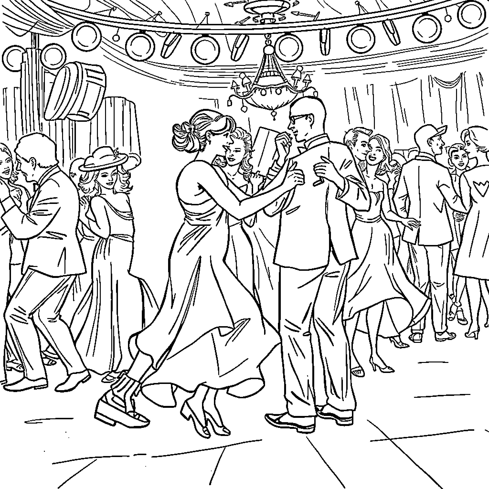 Dance at the Glamorous Ballroom Coloring Page (free black-and-white line drawing printable PDF for all, from beginners to advanced learners, including children, teens, adults, and seniors)