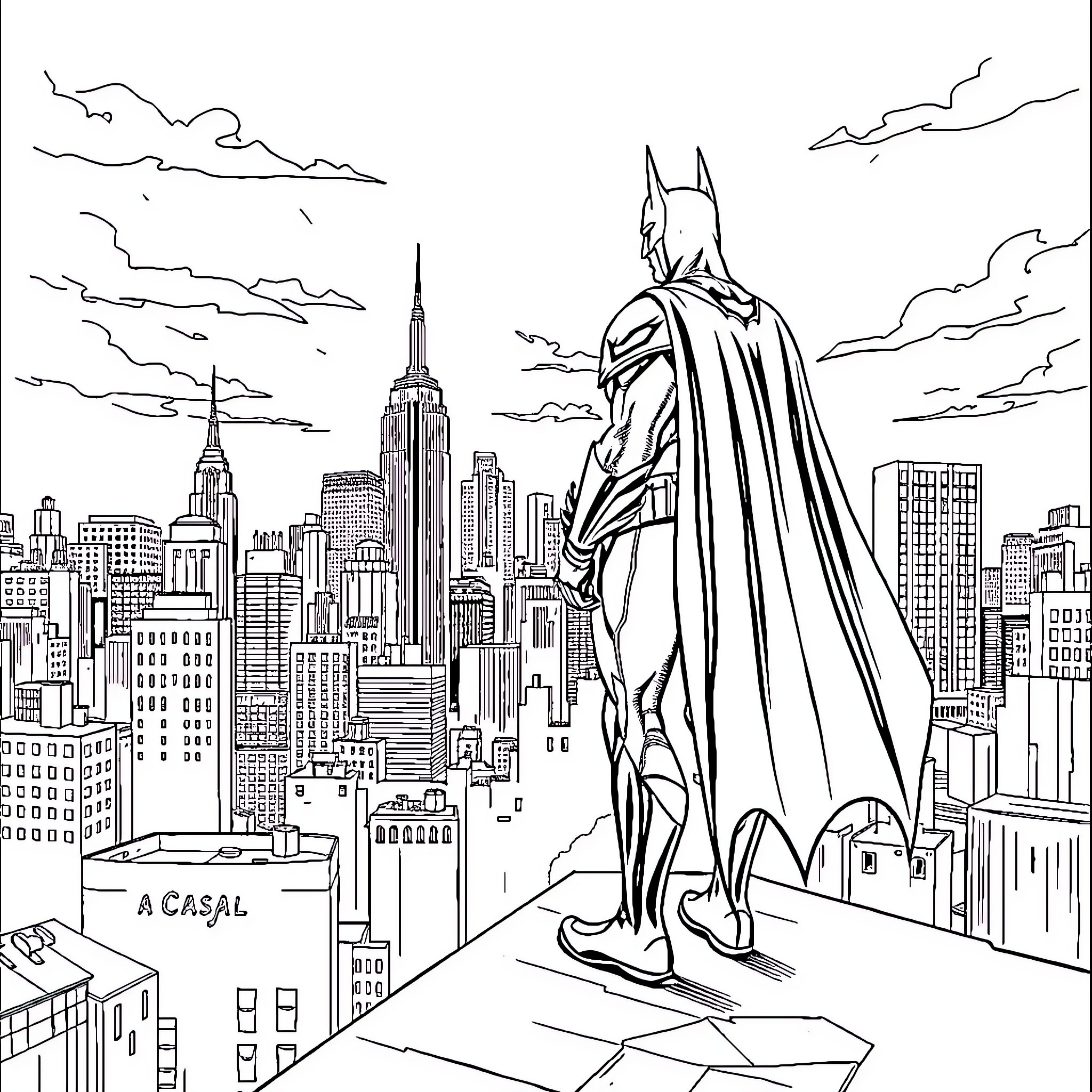 Batman overlooking the cityscape at night Coloring Page (free black-and-white line drawing printable PDF for all, from beginners to advanced learners, including children, teens, adults, and seniors)