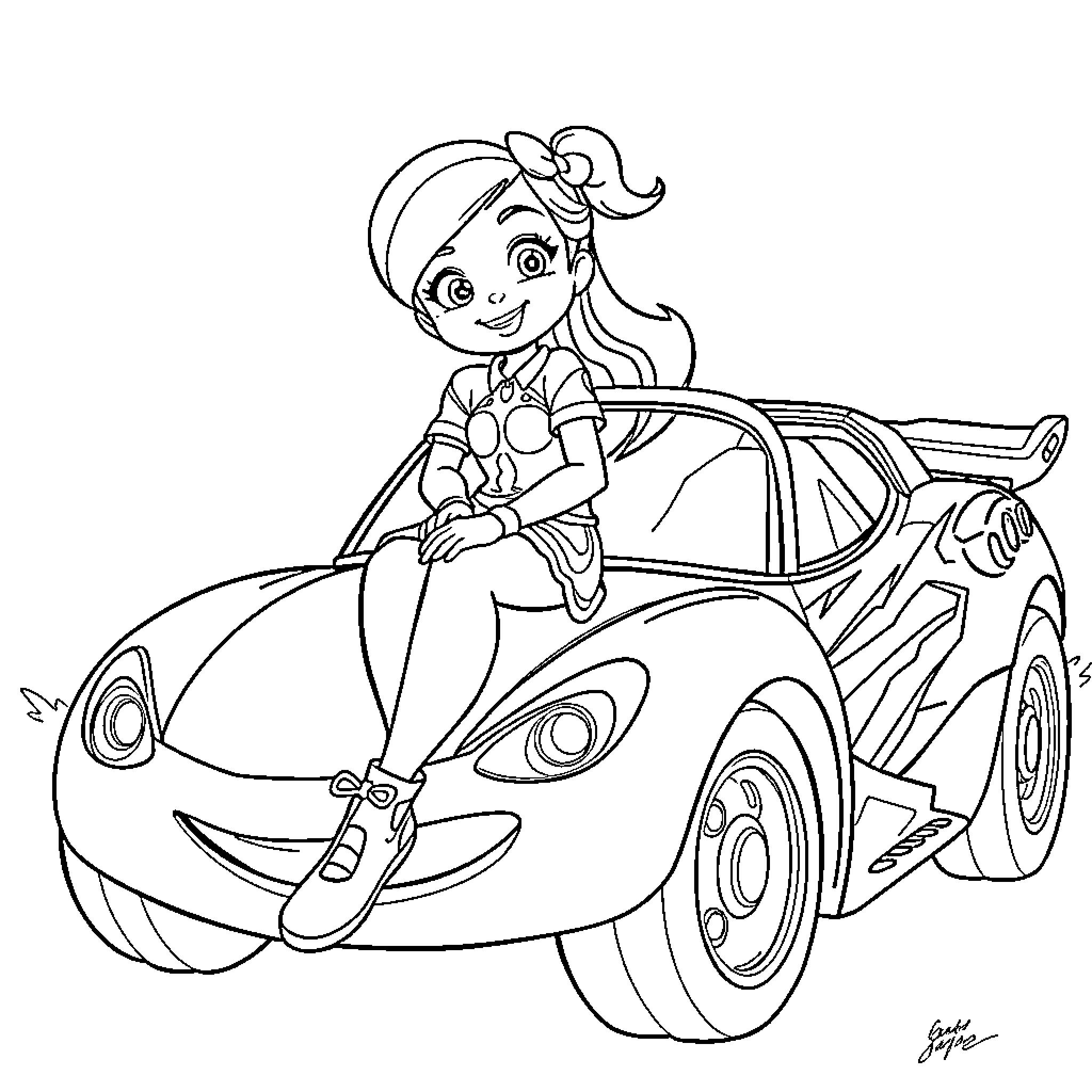 Mira's Joyful Adventure in a Vibrant Car Coloring Page (free black-and-white line drawing printable PDF for all, from beginners to advanced learners, including children, teens, adults, and seniors)