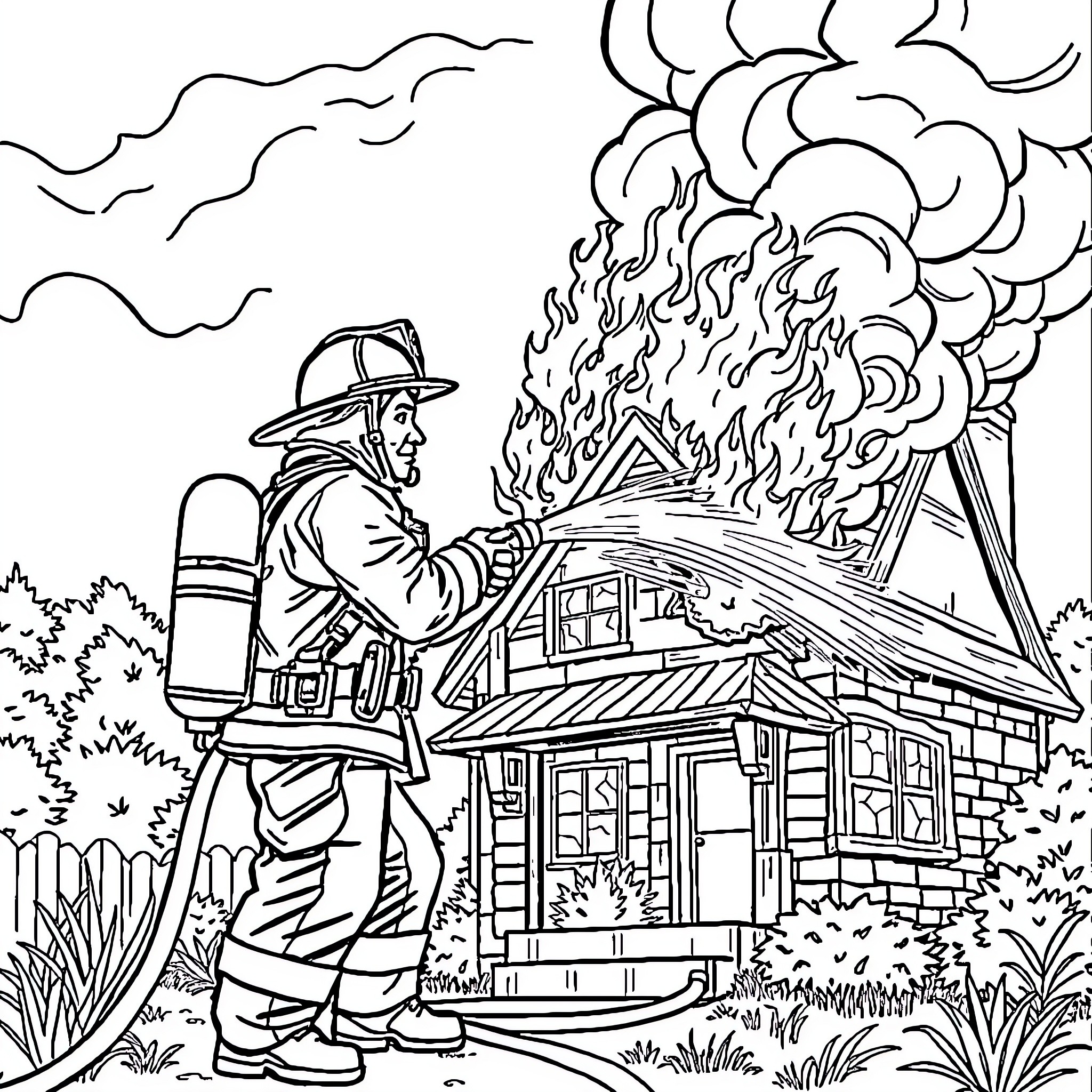 Firefighter battling a blaze at a wooden cabin Coloring Page (free black-and-white line drawing printable PDF for all, from beginners to advanced learners, including children, teens, adults, and seniors)