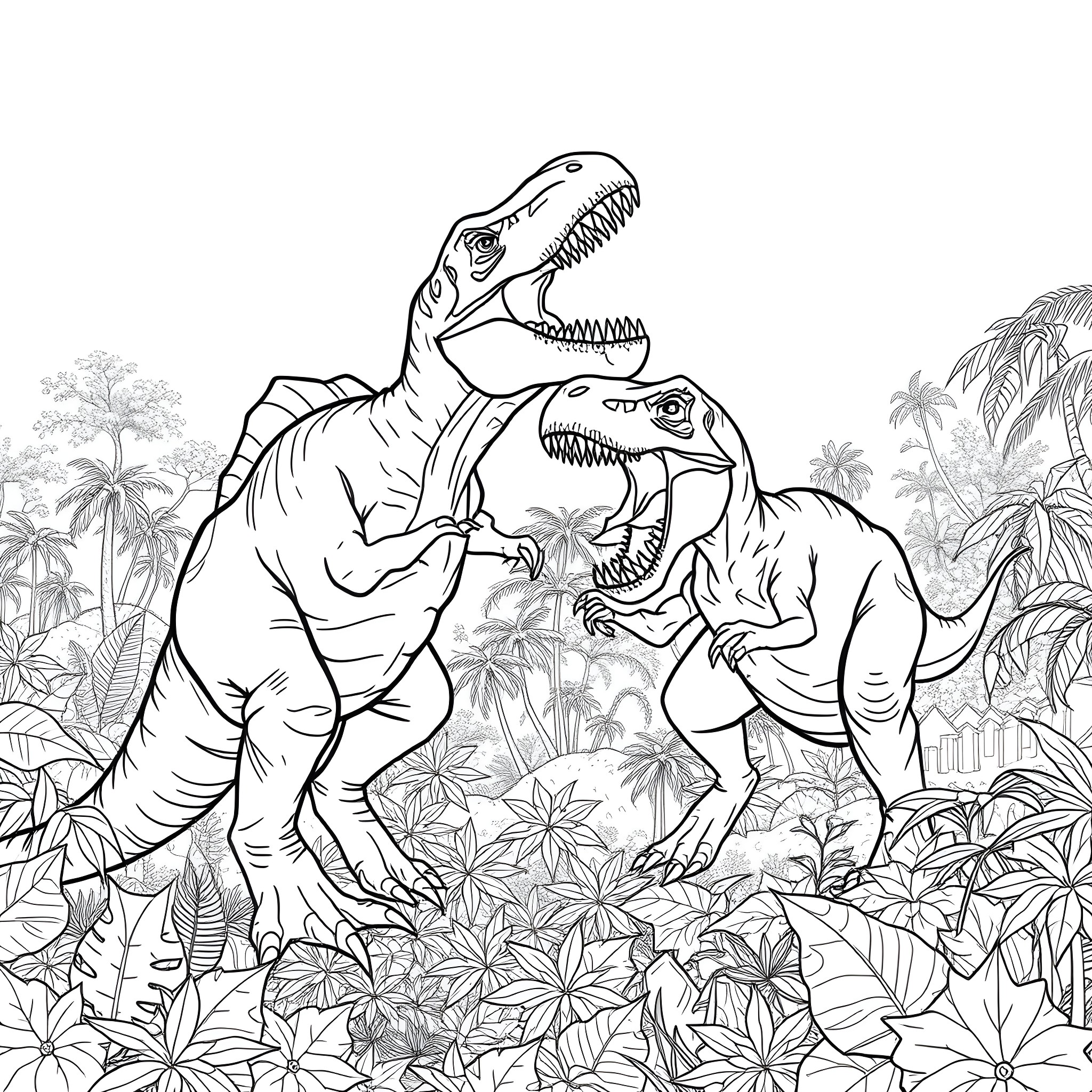 Terizinosaurus in a prehistoric jungle scene Coloring Page (free black-and-white line drawing printable PDF for all, from beginners to advanced learners, including children, teens, adults, and seniors)