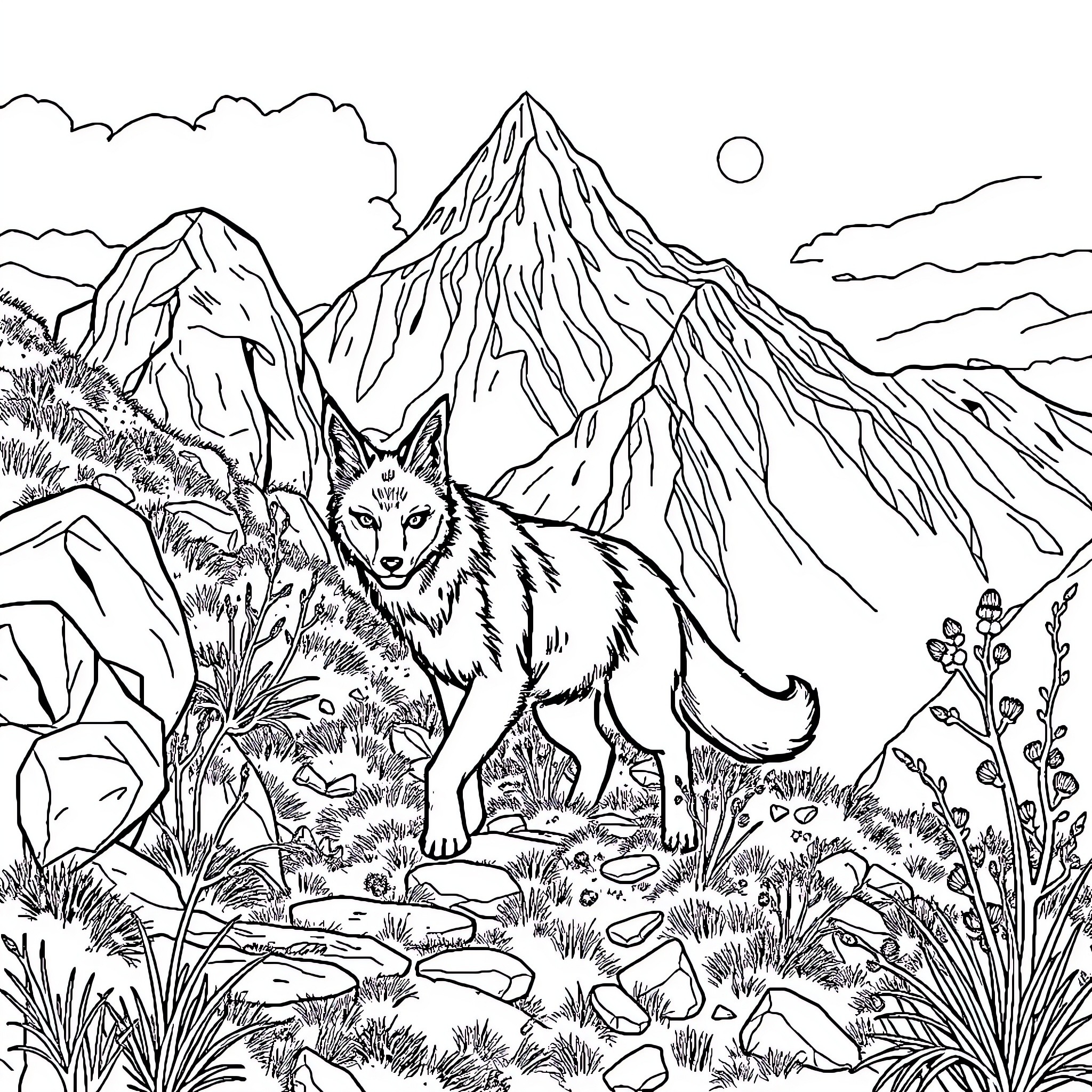 Fox standing amidst the mountain landscape Coloring Page (free black-and-white line drawing printable PDF for all, from beginners to advanced learners, including children, teens, adults, and seniors)
