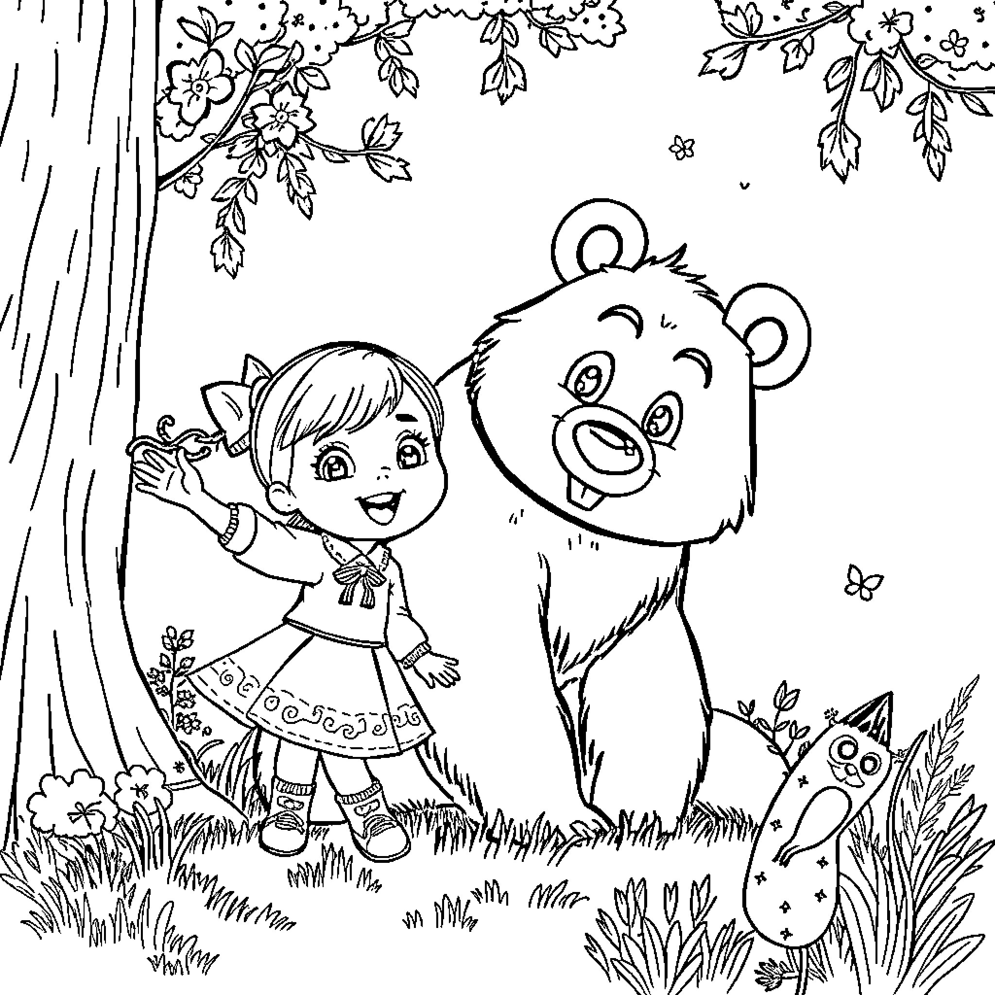 Masha and the Bear in the Magical Forest Coloring Page (free black-and-white line drawing printable PDF for all, from beginners to advanced learners, including children, teens, adults, and seniors)