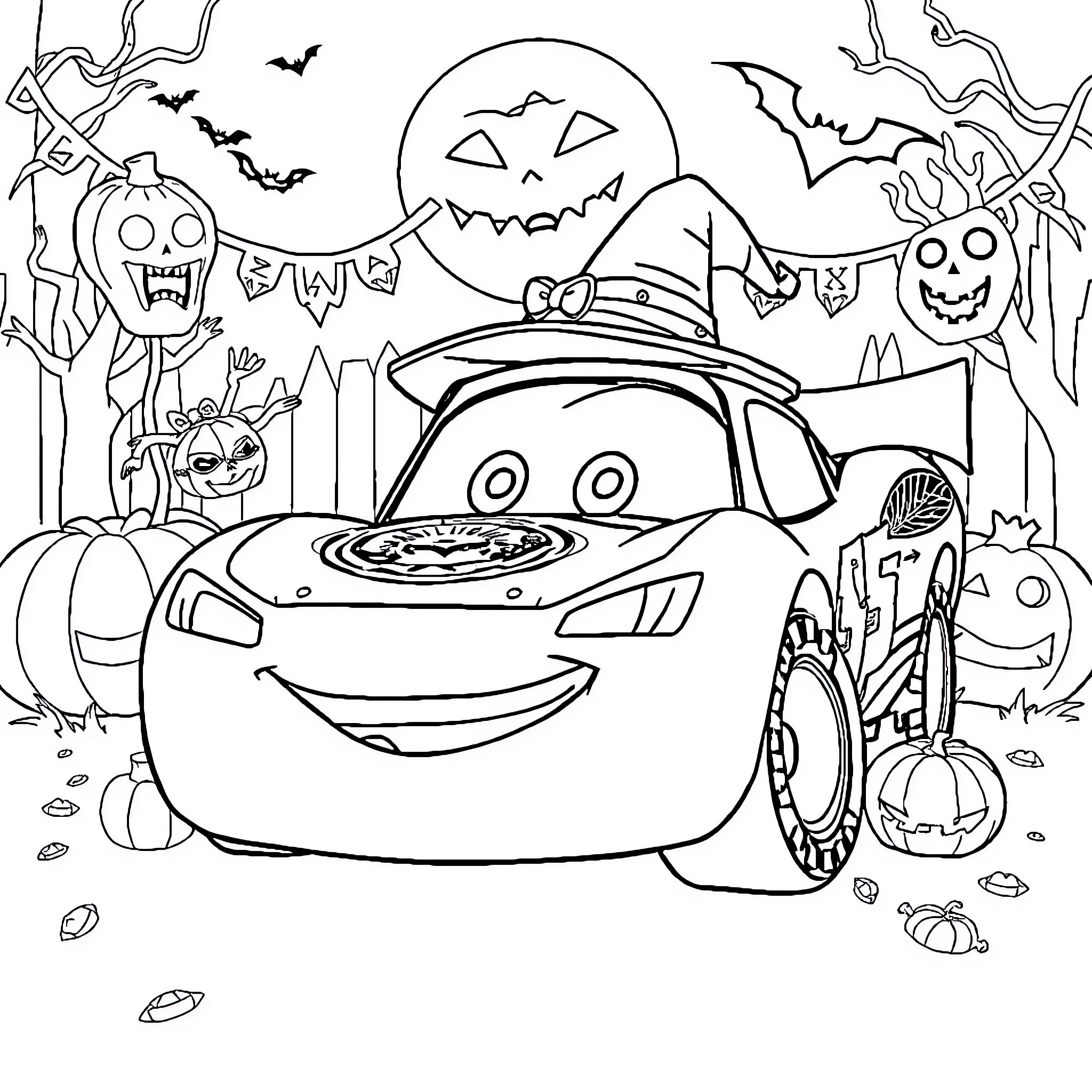 Lightning McQueen's Halloween Adventure Coloring Page (free black-and-white line drawing printable PDF for all, from beginners to advanced learners, including children, teens, adults, and seniors)
