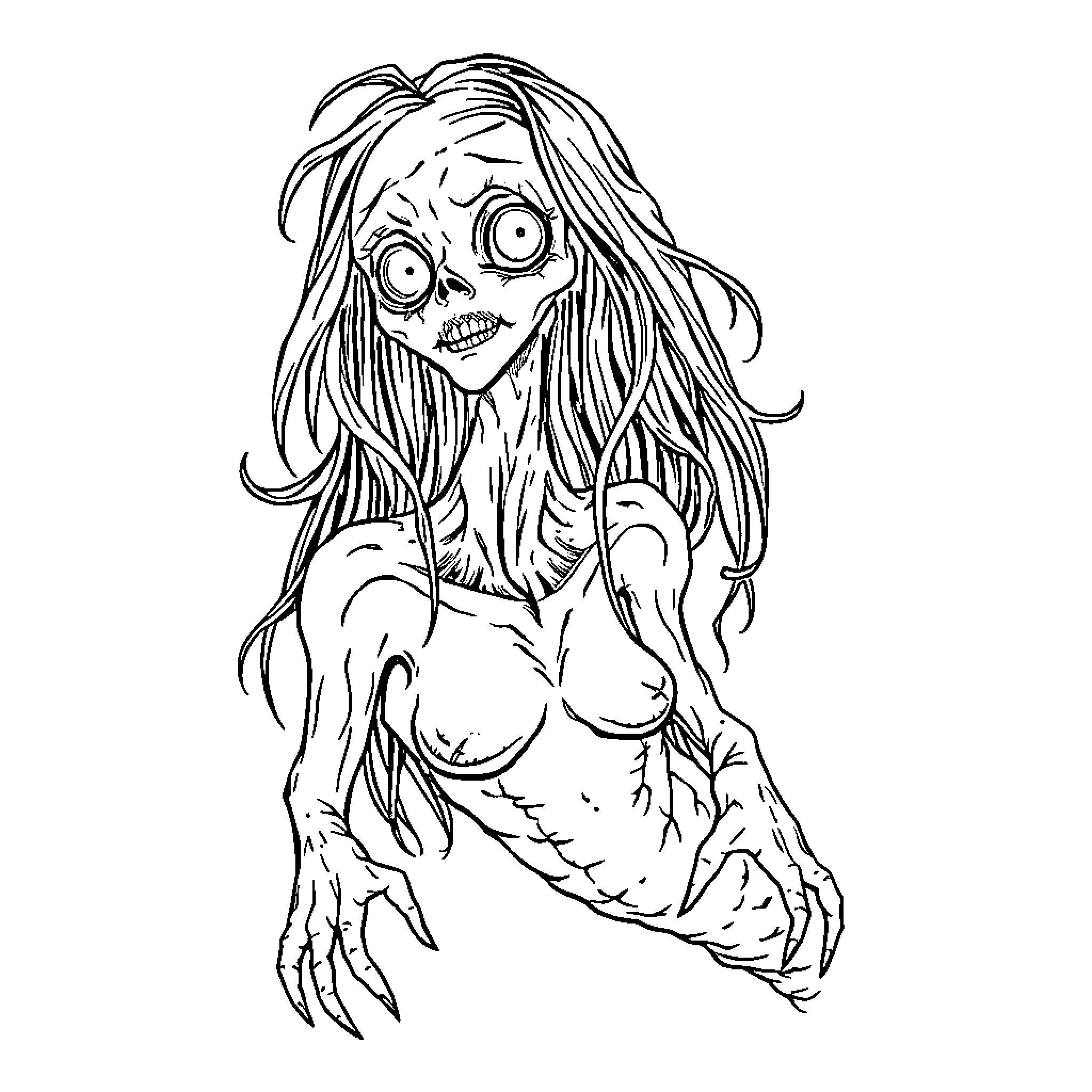 Zombie Mermaid in a Frightful Pose Coloring Page (free black-and-white line drawing printable PDF for all, from beginners to advanced learners, including children, teens, adults, and seniors)