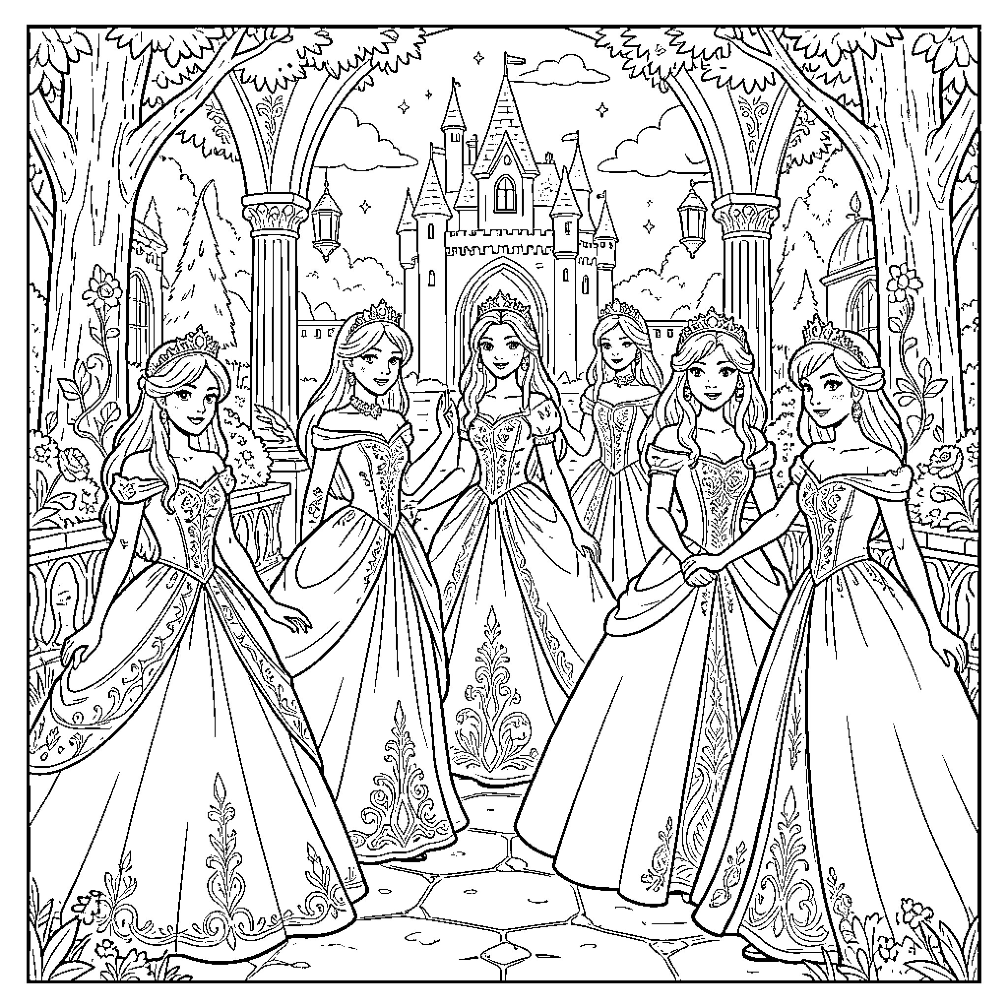 Princess Gathering in the Royal Castle Garden Coloring Page (free black-and-white line drawing printable PDF for all, from beginners to advanced learners, including children, teens, adults, and seniors)
