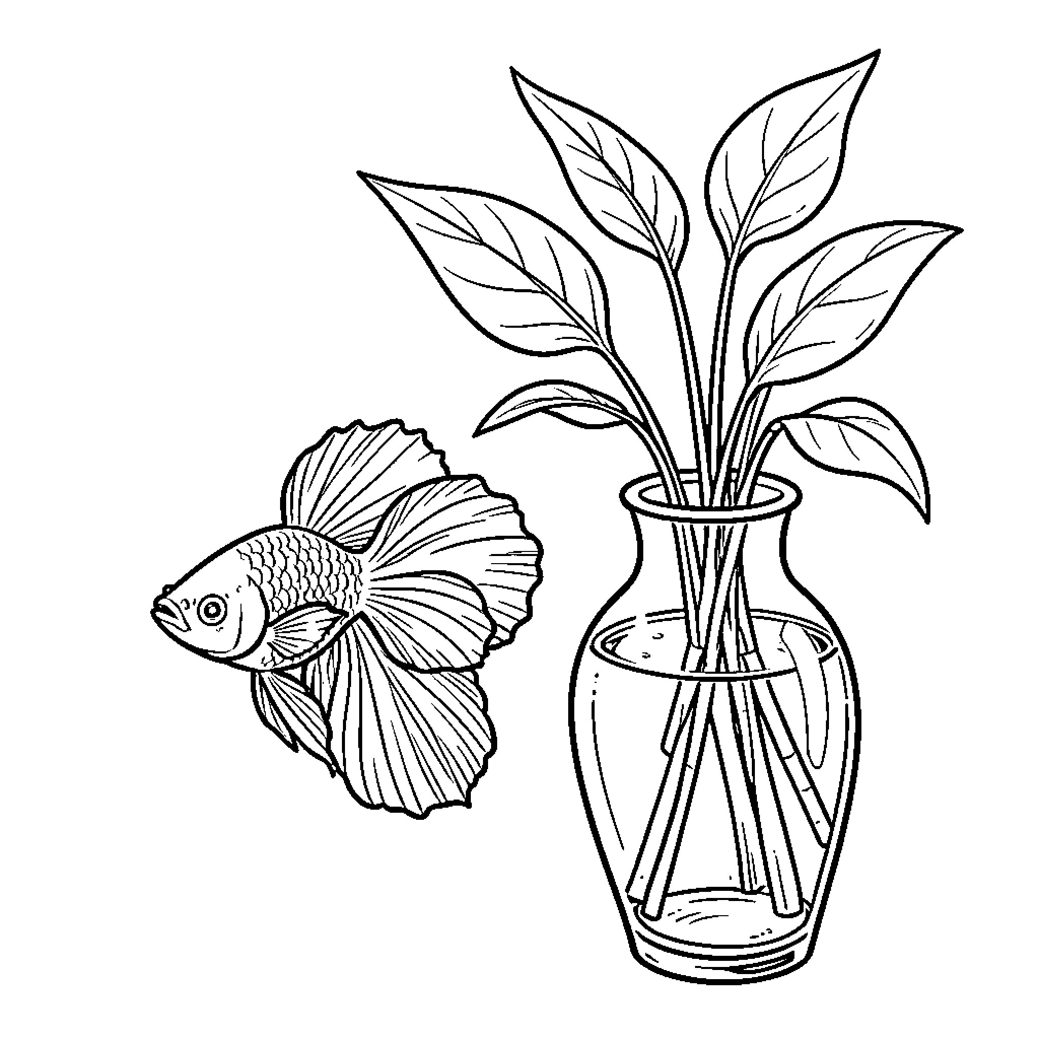 Betta Fish swimming near a vase of plants Coloring Page (free black-and-white line drawing printable PDF for all, from beginners to advanced learners, including children, teens, adults, and seniors)