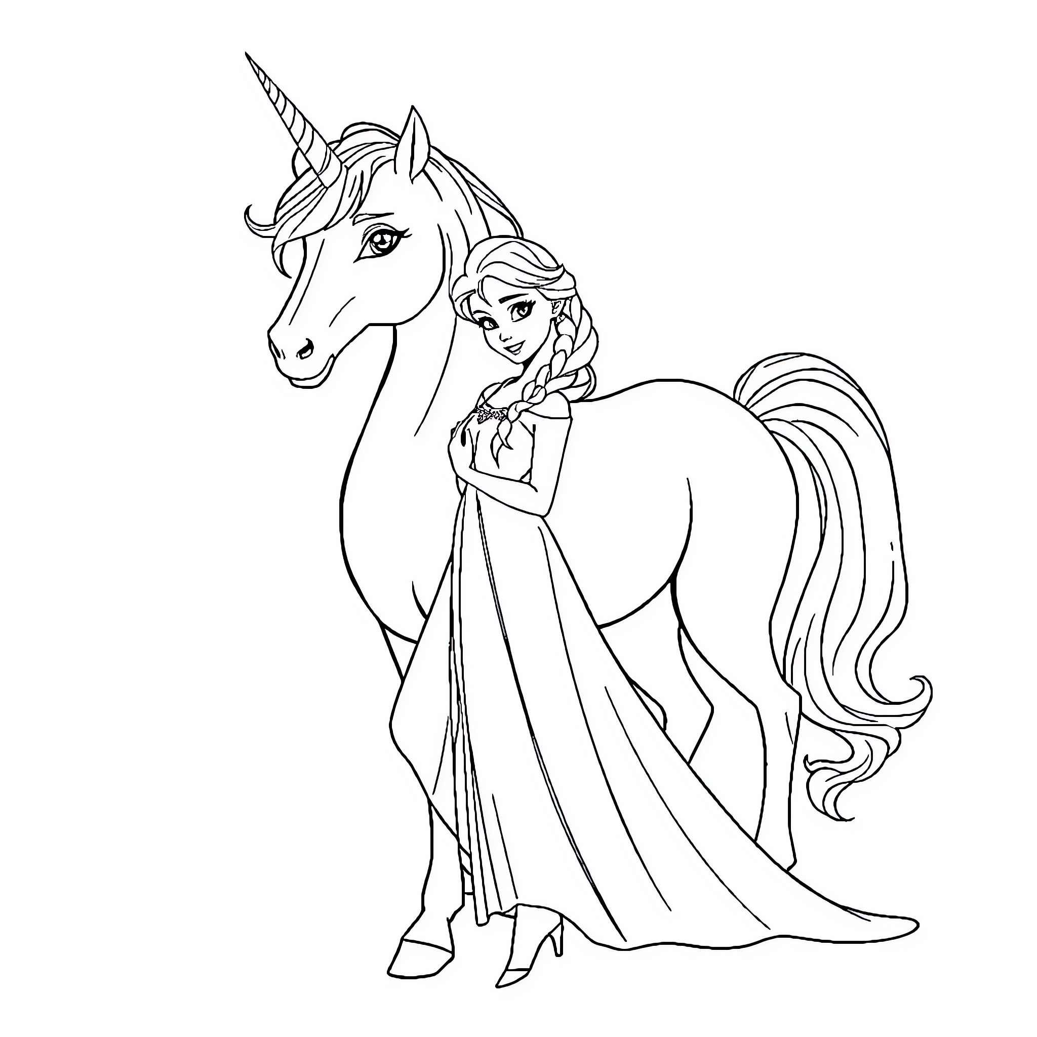 Princess and her Unicorn in Fantasy Attire Coloring Page (free black-and-white line drawing printable PDF for all, from beginners to advanced learners, including children, teens, adults, and seniors)