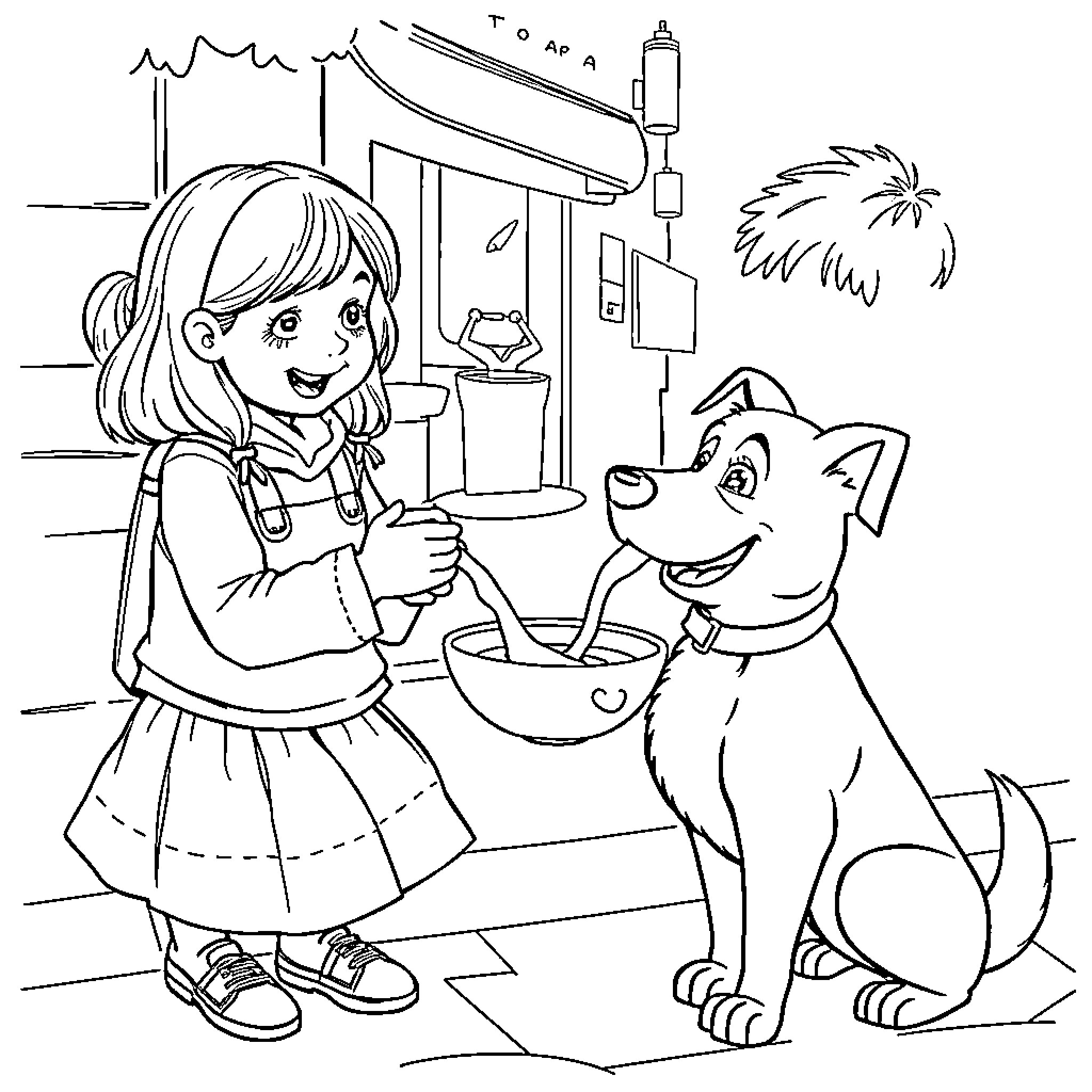 Dog helping girl prepare food in the kitchen Coloring Page (free black-and-white line drawing printable PDF for all, from beginners to advanced learners, including children, teens, adults, and seniors)