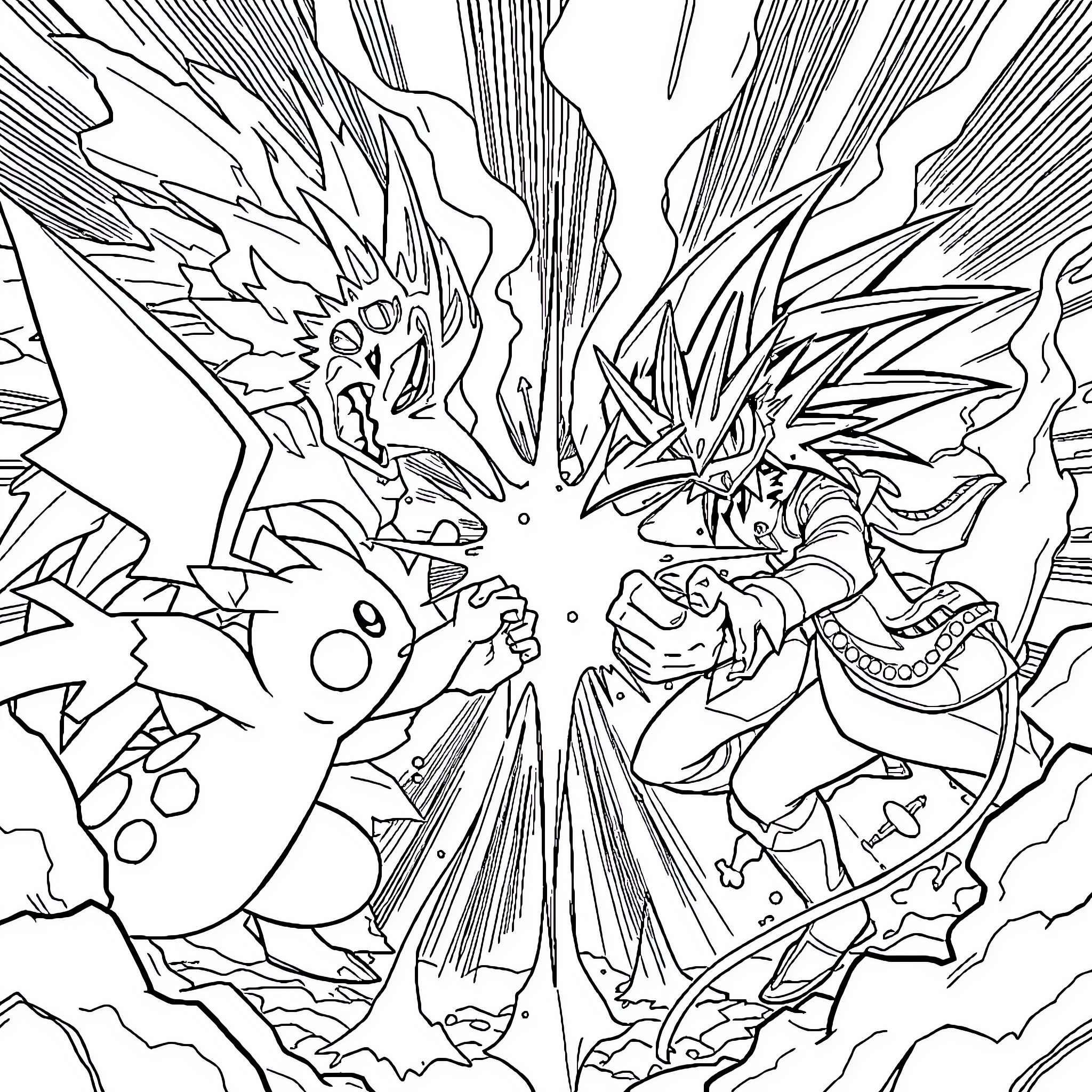 Pokémon characters in an intense battle scene Coloring Page (free black-and-white line drawing printable PDF for all, from beginners to advanced learners, including children, teens, adults, and seniors)