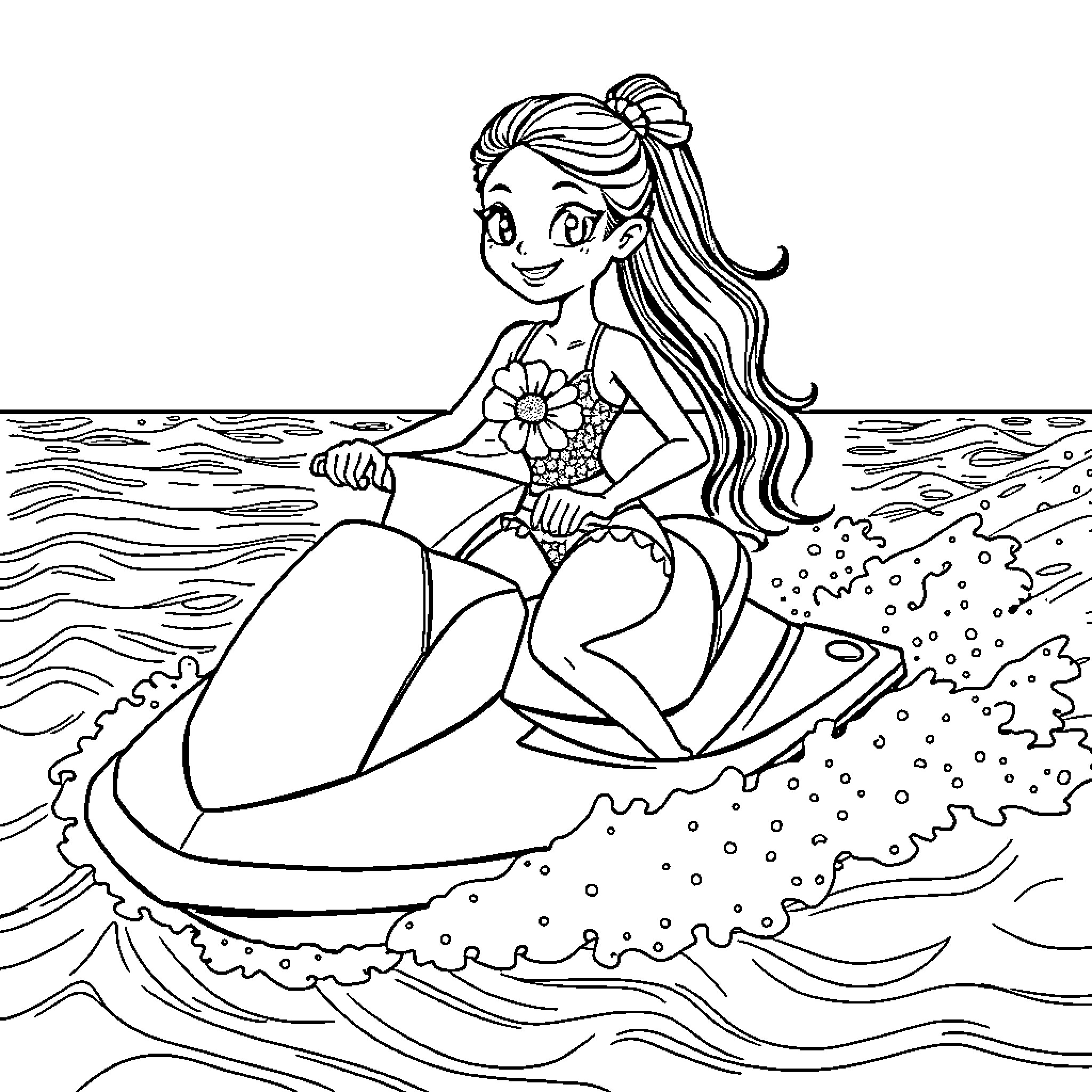 Daisy enjoying a day at the beach Coloring Page (free black-and-white line drawing printable PDF for all, from beginners to advanced learners, including children, teens, adults, and seniors)
