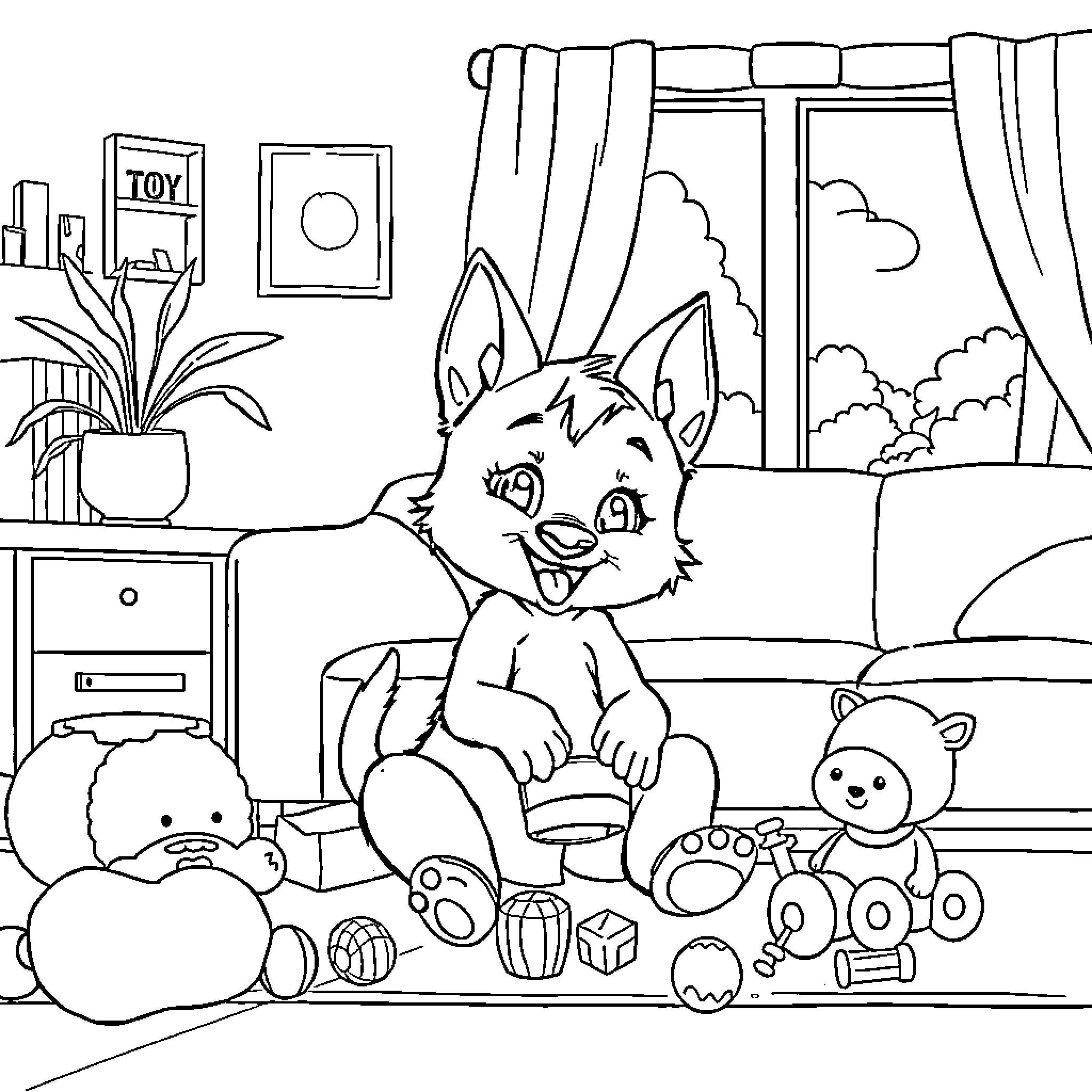 Bluey playing with toys in the living room Coloring Page (free black-and-white line drawing printable PDF for all, from beginners to advanced learners, including children, teens, adults, and seniors)