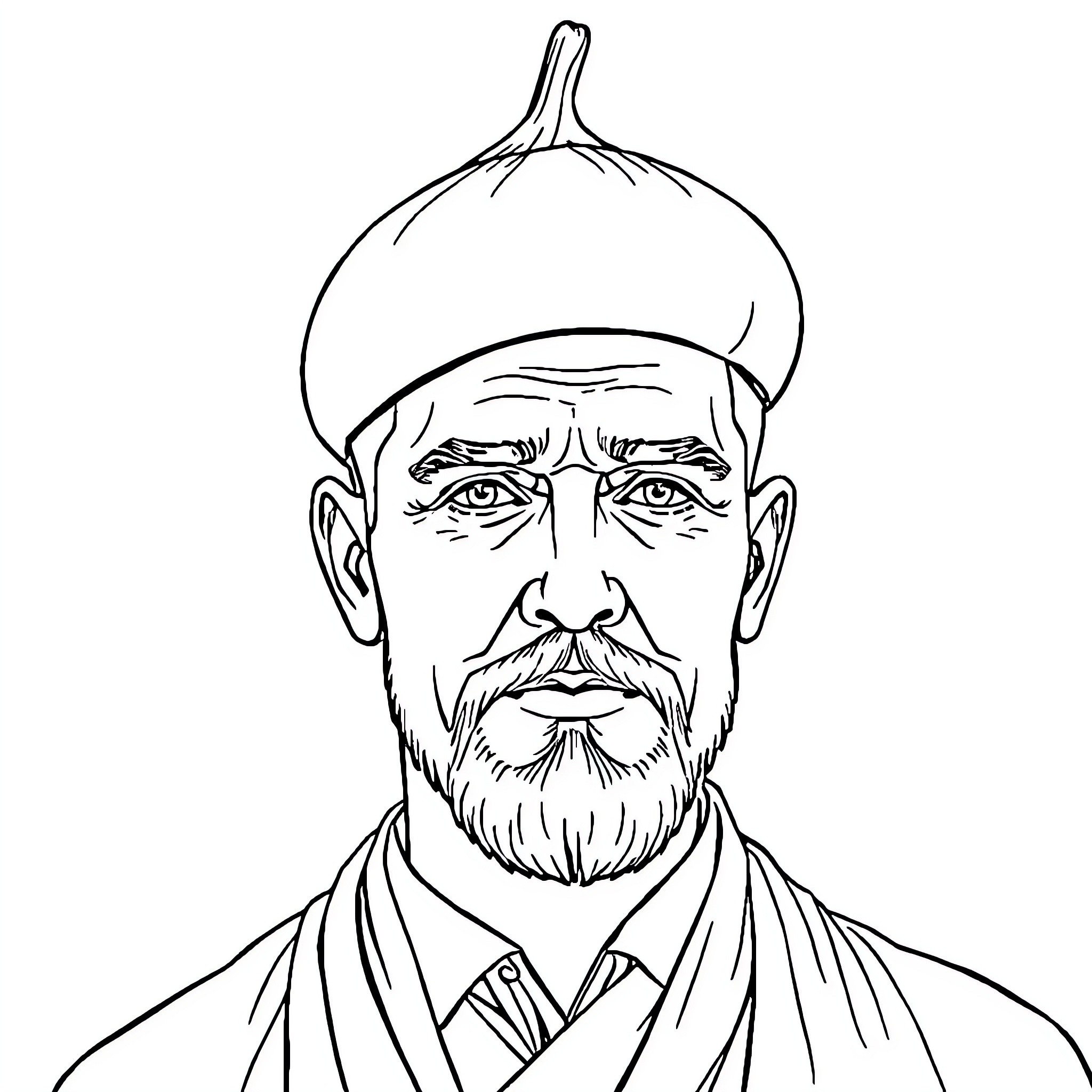 Turnip Guy with Serious Expression and Distinctive Hat Coloring Page (free black-and-white line drawing printable PDF for all, from beginners to advanced learners, including children, teens, adults, and seniors)