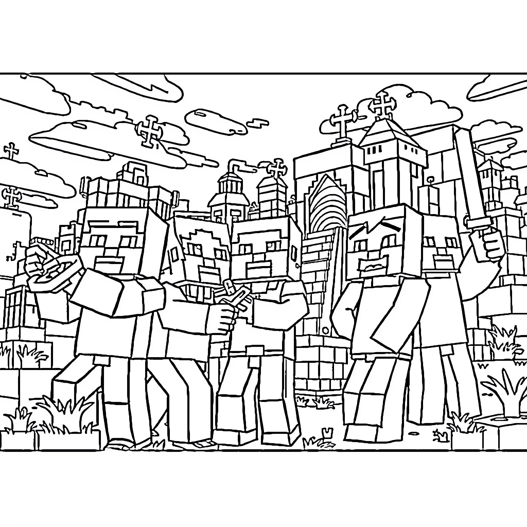 Minecraft characters exploring the city skyline Coloring Page (free black-and-white line drawing printable PDF for all, from beginners to advanced learners, including children, teens, adults, and seniors)