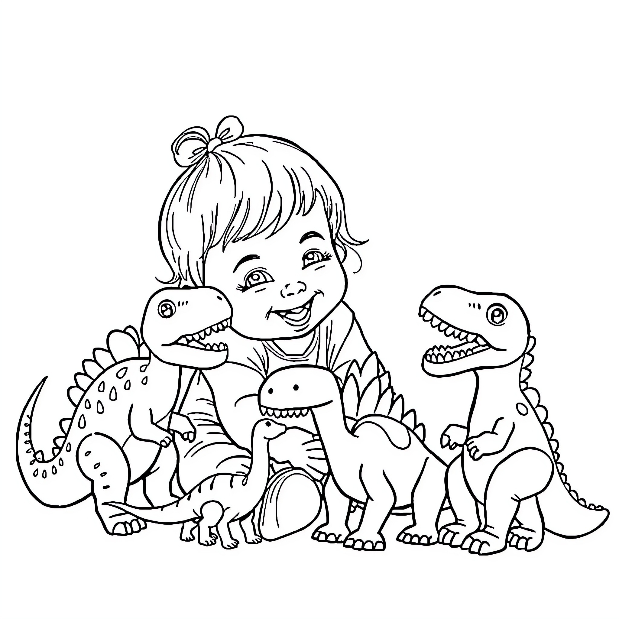 Toddler playing happily with dinosaur toys Coloring Page (free black-and-white line drawing printable PDF for all, from beginners to advanced learners, including children, teens, adults, and seniors)