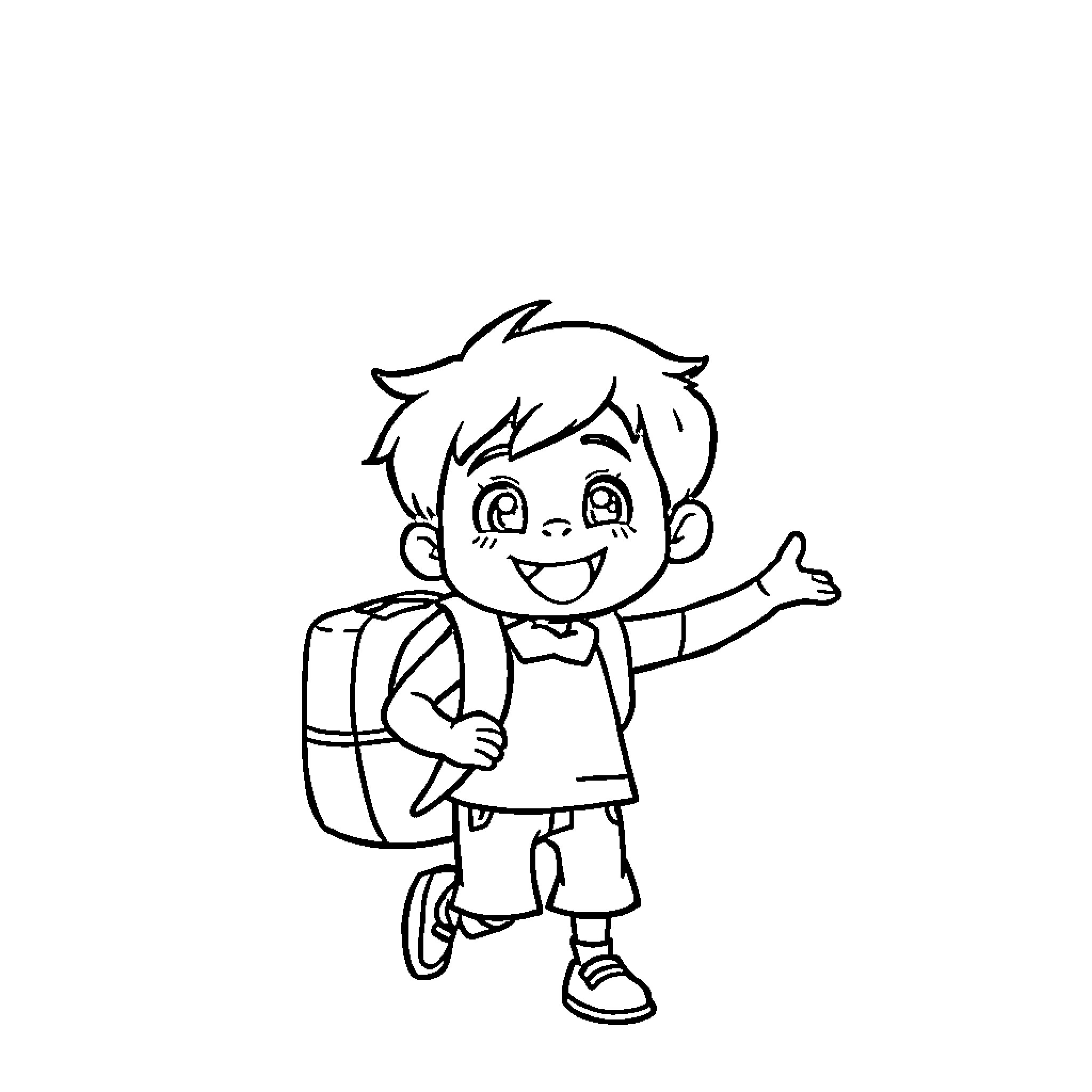 Imanol happily going to school with backpack Coloring Page (free black-and-white line drawing printable PDF for all, from beginners to advanced learners, including children, teens, adults, and seniors)
